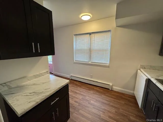 Kitchen featuring dark cabinetry, a baseboard radiator, light countertops, dark wood-style flooring, and white dishwasher Kitchen featuring dark cabinetry, a baseboard radiator, light countertops, dark wood-style flooring, and white dishwasher