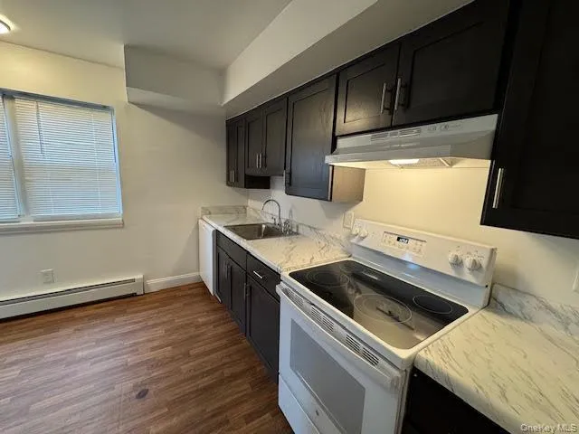 Kitchen featuring white appliances, light countertops, dark wood-style flooring, dark cabinetry, and under cabinet range hood Kitchen featuring white appliances, light countertops, dark wood-style flooring, dark cabinetry, and under cabinet range hood