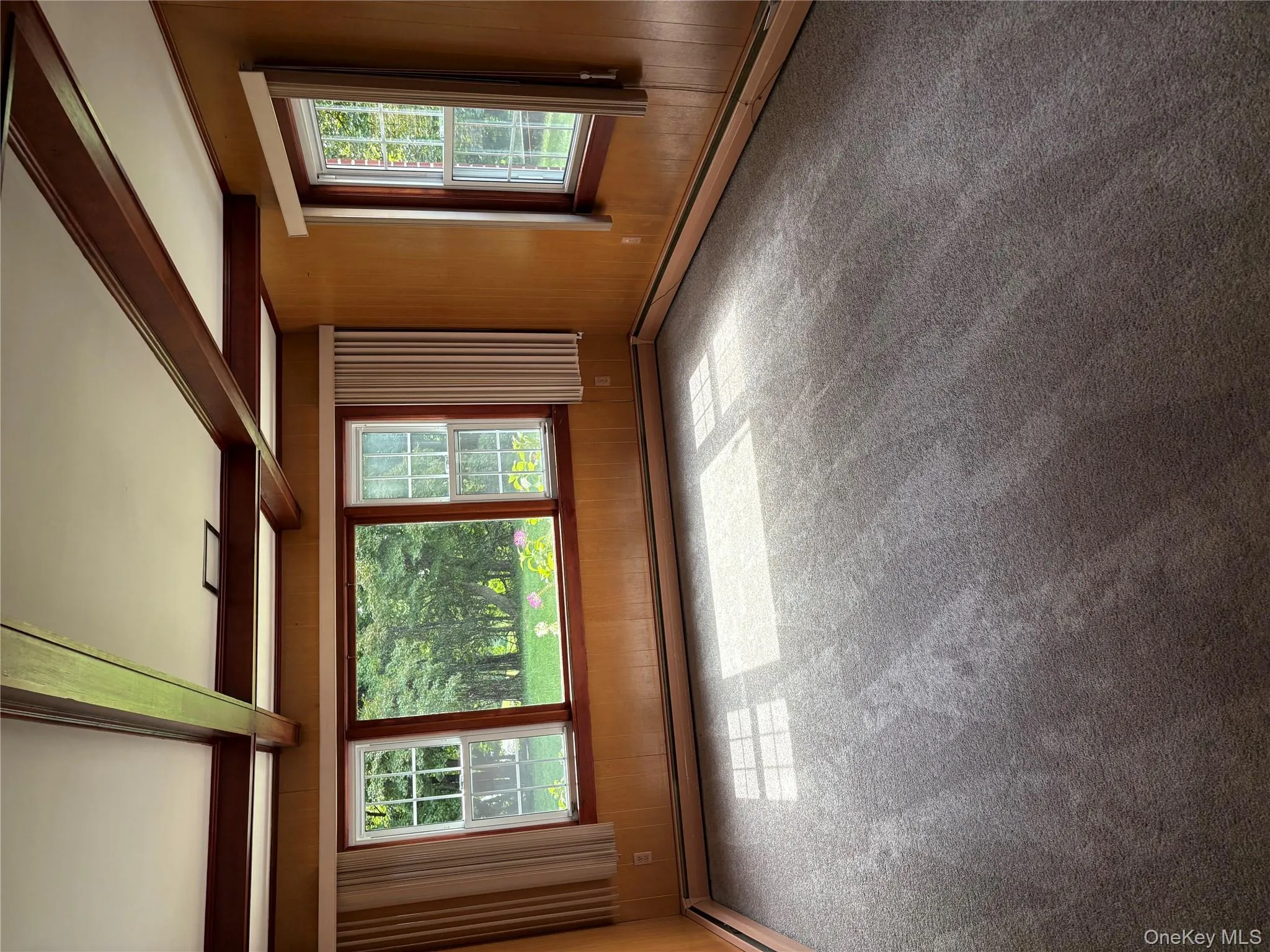 Spare room featuring beamed ceiling, carpet, wooden walls, and a baseboard heating unit Spare room featuring beamed ceiling, carpet, wooden walls, and a baseboard heating unit