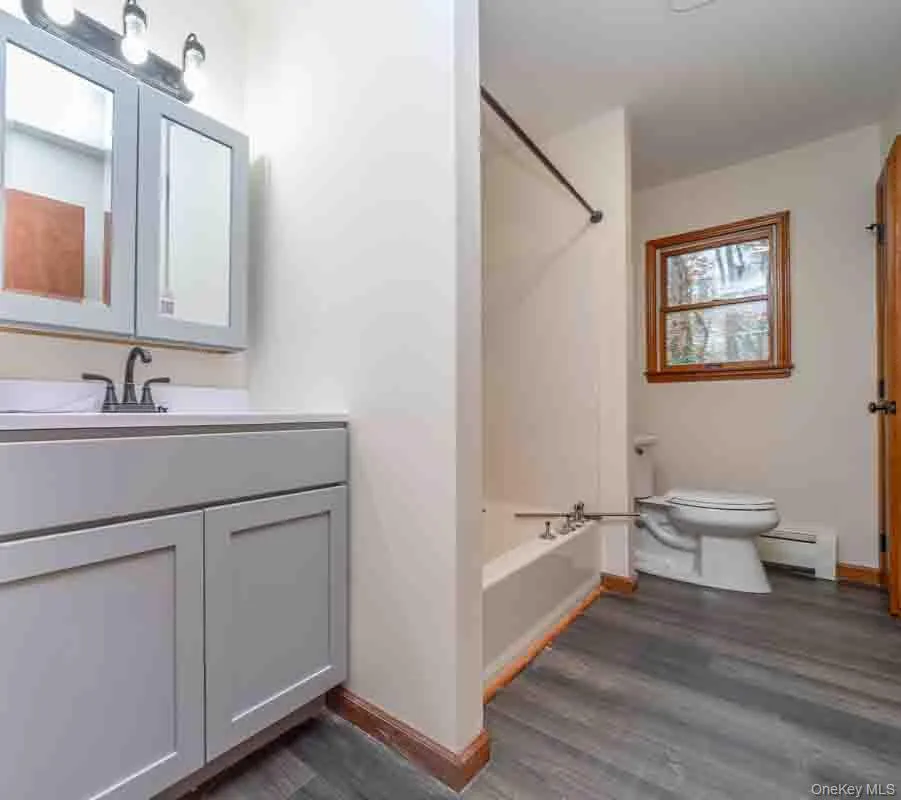 Bathroom featuring vanity, dark wood-style flooring, shower / bathtub combination, and a baseboard heating unit Bathroom featuring vanity, dark wood-style flooring, shower / bathtub combination, and a baseboard heating unit