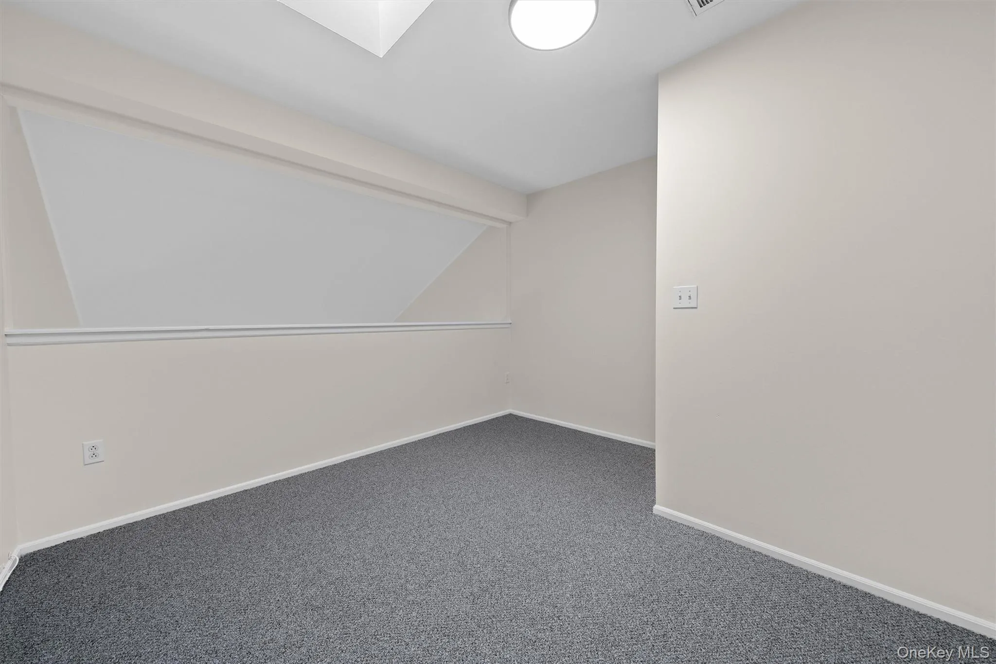 Carpeted spare room featuring baseboards and lofted ceiling Carpeted spare room featuring baseboards and lofted ceiling