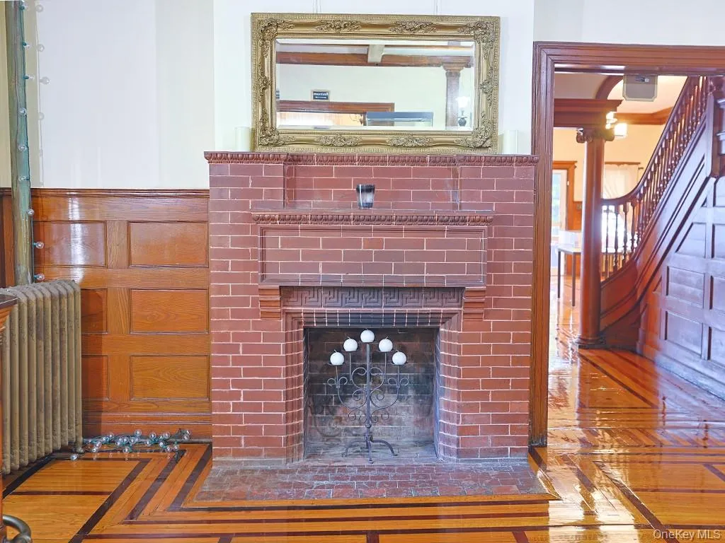Detailed view of a fireplace with flush hearth Detailed view of a fireplace with flush hearth