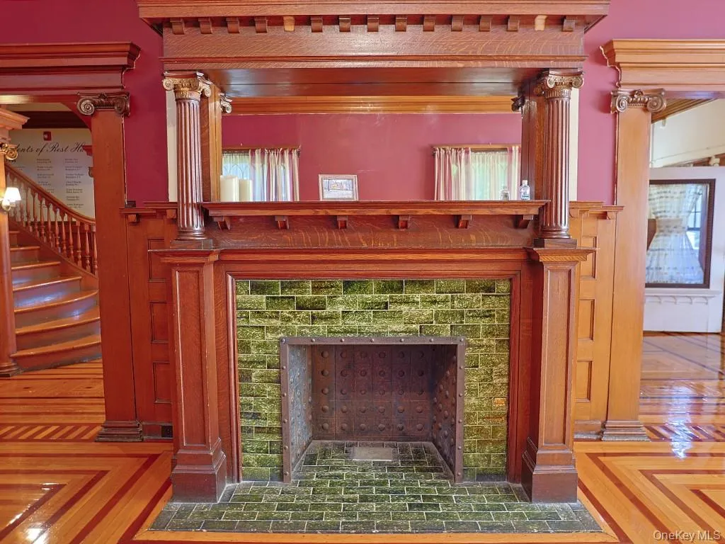Detailed view of a tile fireplace Detailed view of a tile fireplace