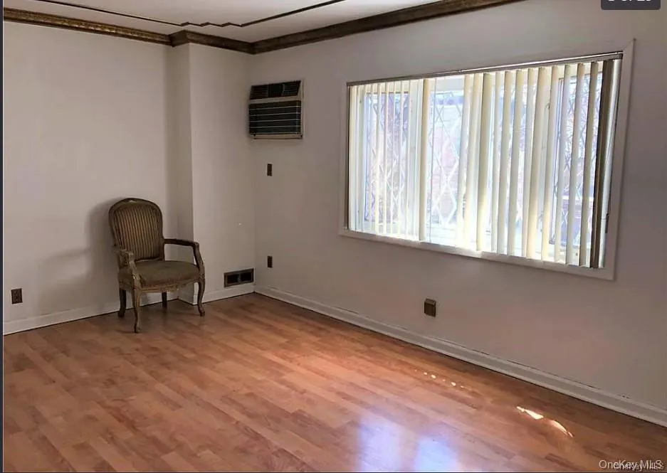 Unfurnished room featuring ornamental molding, light wood-style floors, and a wall unit AC Unfurnished room featuring ornamental molding, light wood-style floors, and a wall unit AC