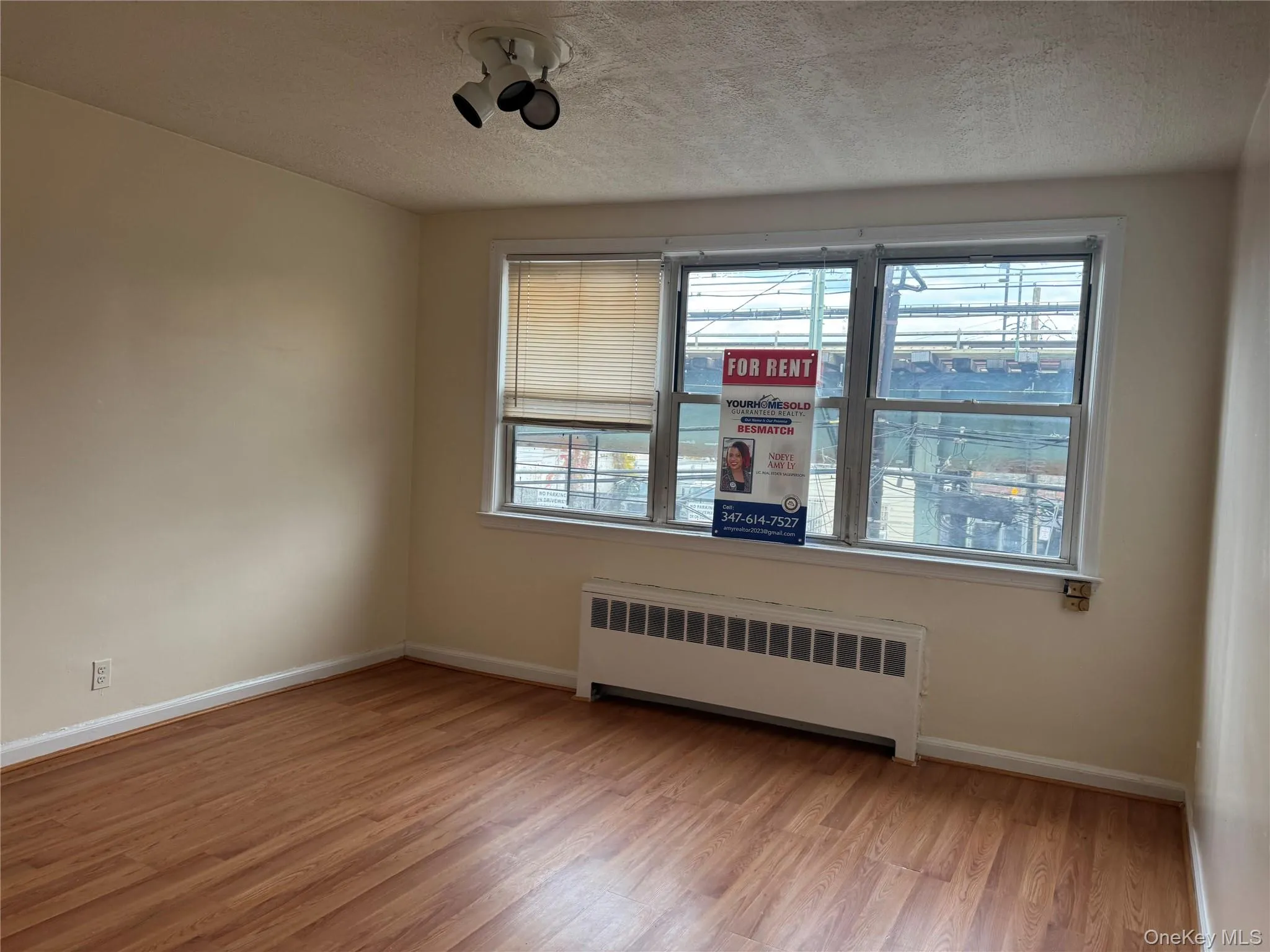 Spare room featuring radiator heating unit, light wood-style floors, and a textured ceiling Spare room featuring radiator heating unit, light wood-style floors, and a textured ceiling