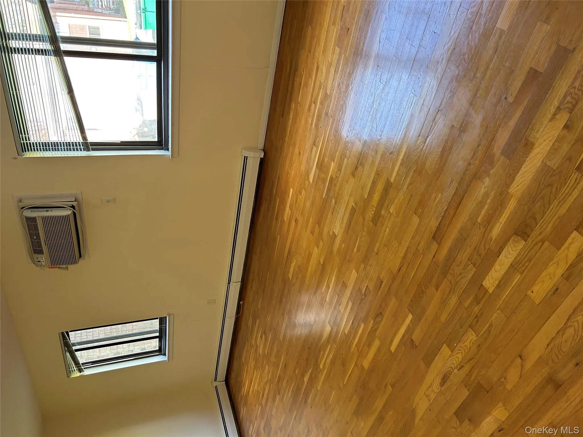 Empty room featuring light wood-style flooring, plenty of natural light, a wall mounted AC, and a baseboard radiator Empty room featuring light wood-style flooring, plenty of natural light, a wall mounted AC, and a baseboard radiator