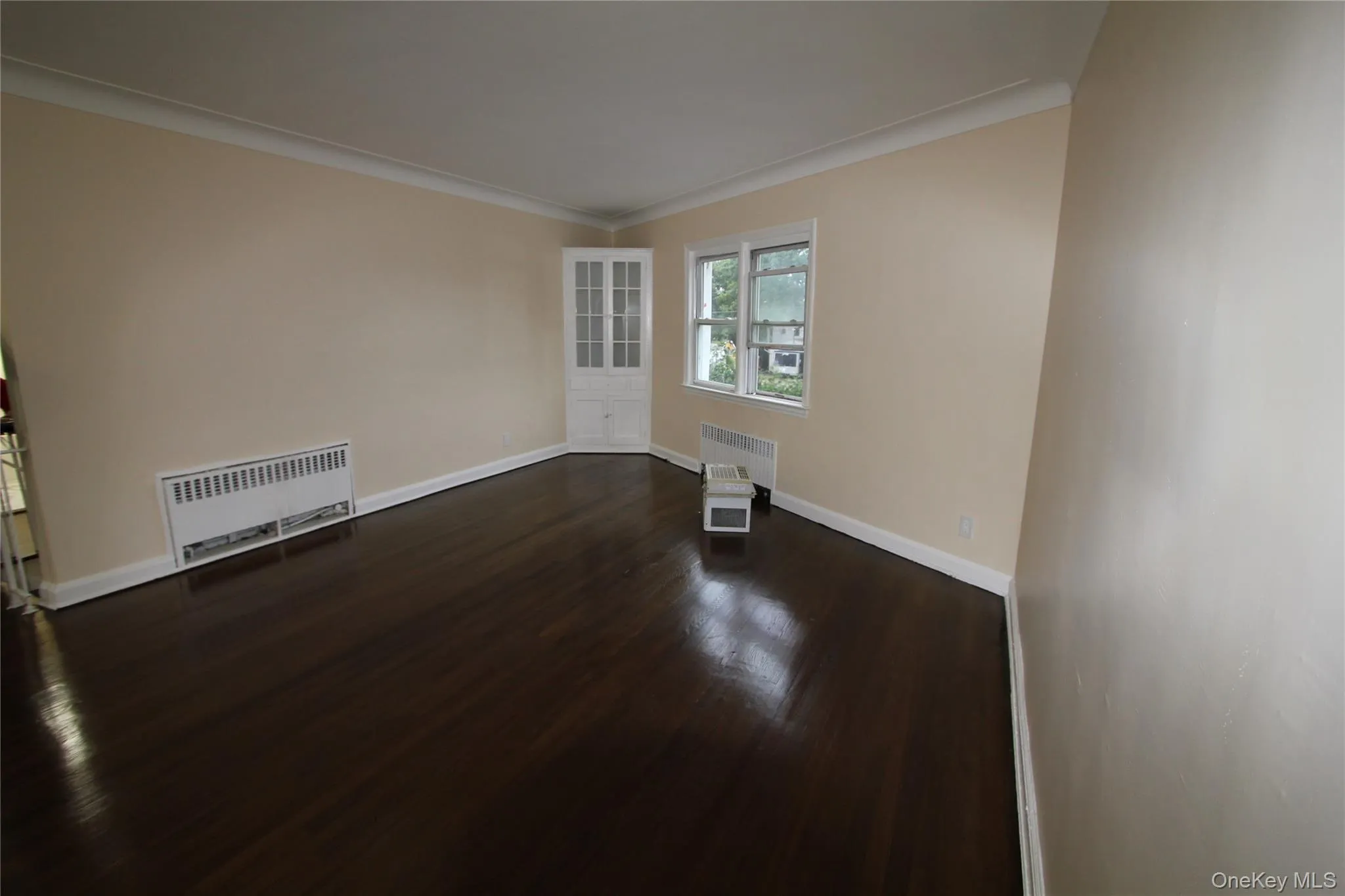 Unfurnished room featuring radiator heating unit, dark wood-type flooring, and crown molding Unfurnished room featuring radiator heating unit, dark wood-type flooring, and crown molding
