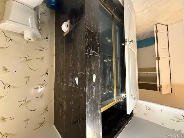 Bathroom with a marble finish shower and toilet Bathroom with a marble finish shower and toilet