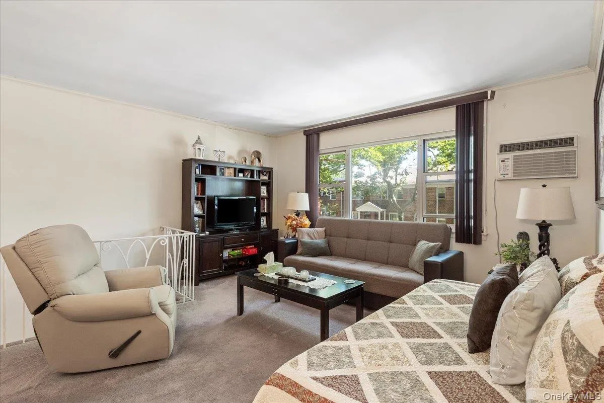 Living area with carpet floors, ornamental molding, and a wall mounted air conditioner Living area with carpet floors, ornamental molding, and a wall mounted air conditioner