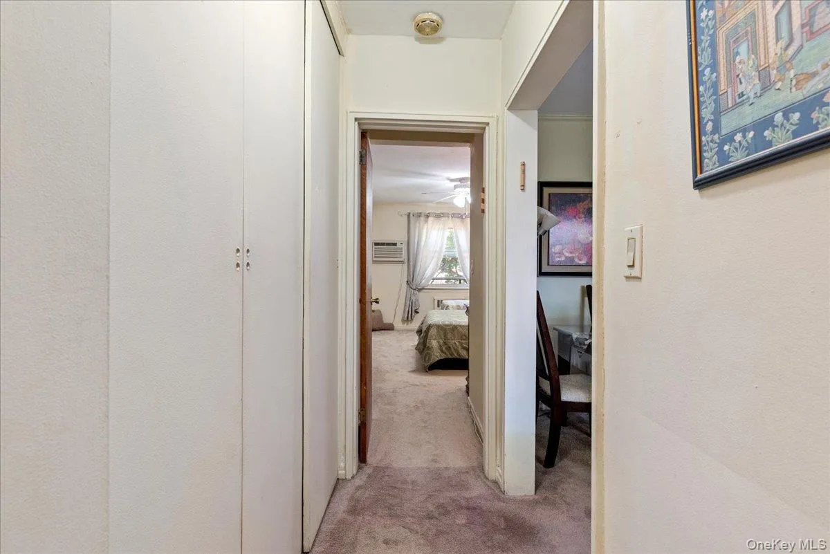 Hall featuring light carpet and a wall unit AC Hall featuring light carpet and a wall unit AC