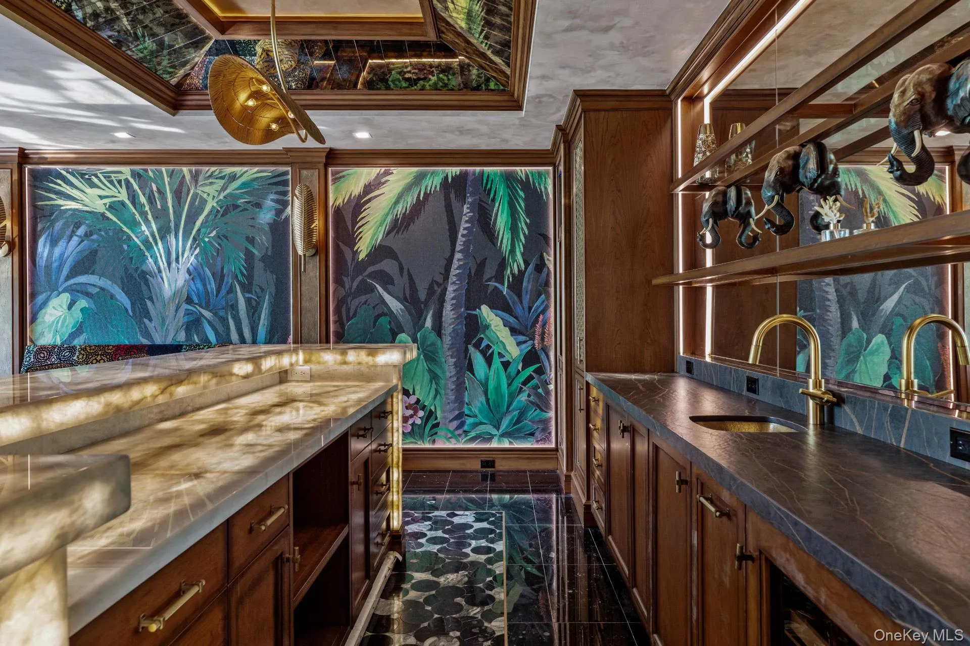 Bar featuring open shelves, wallpapered walls, ornamental molding, brown cabinets, and butcher block counters Bar featuring open shelves, wallpapered walls, ornamental molding, brown cabinets, and butcher block counters