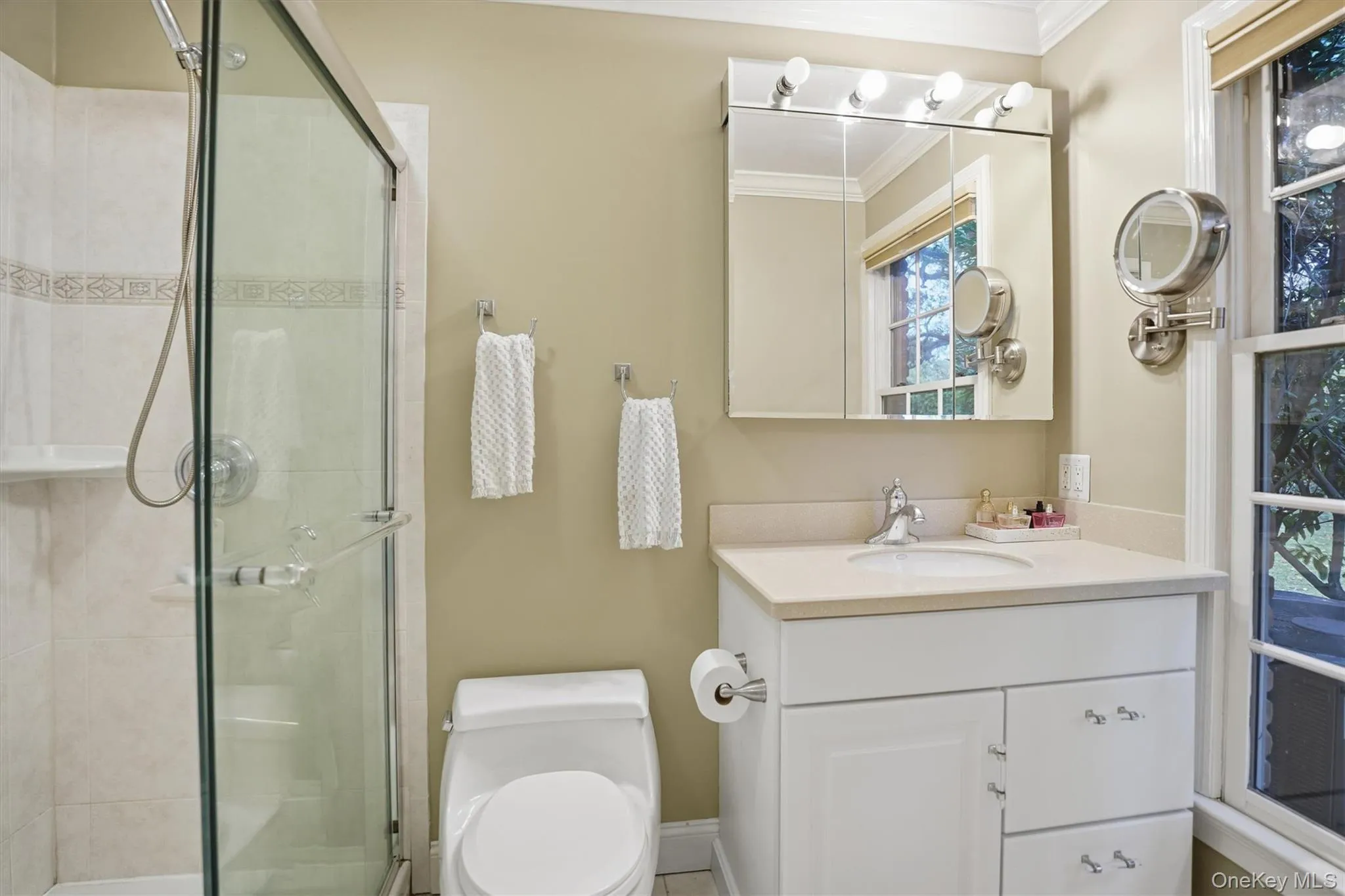 Bathroom with vanity, crown molding, and a stall shower Bathroom with vanity, crown molding, and a stall shower