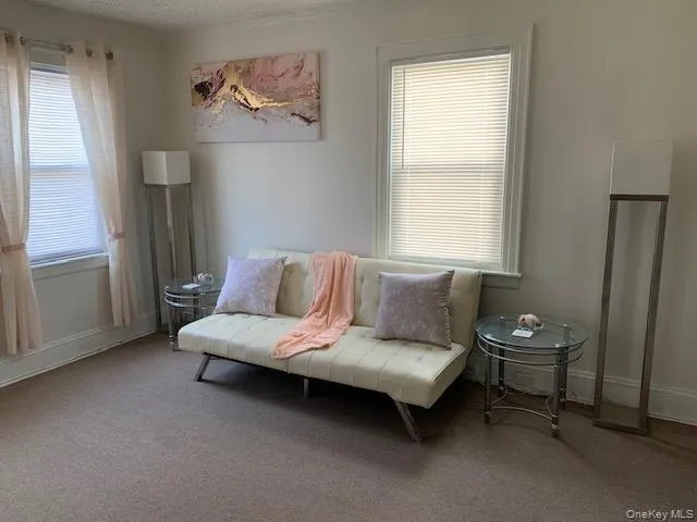 Living area with carpet floors and a textured ceiling Living area with carpet floors and a textured ceiling