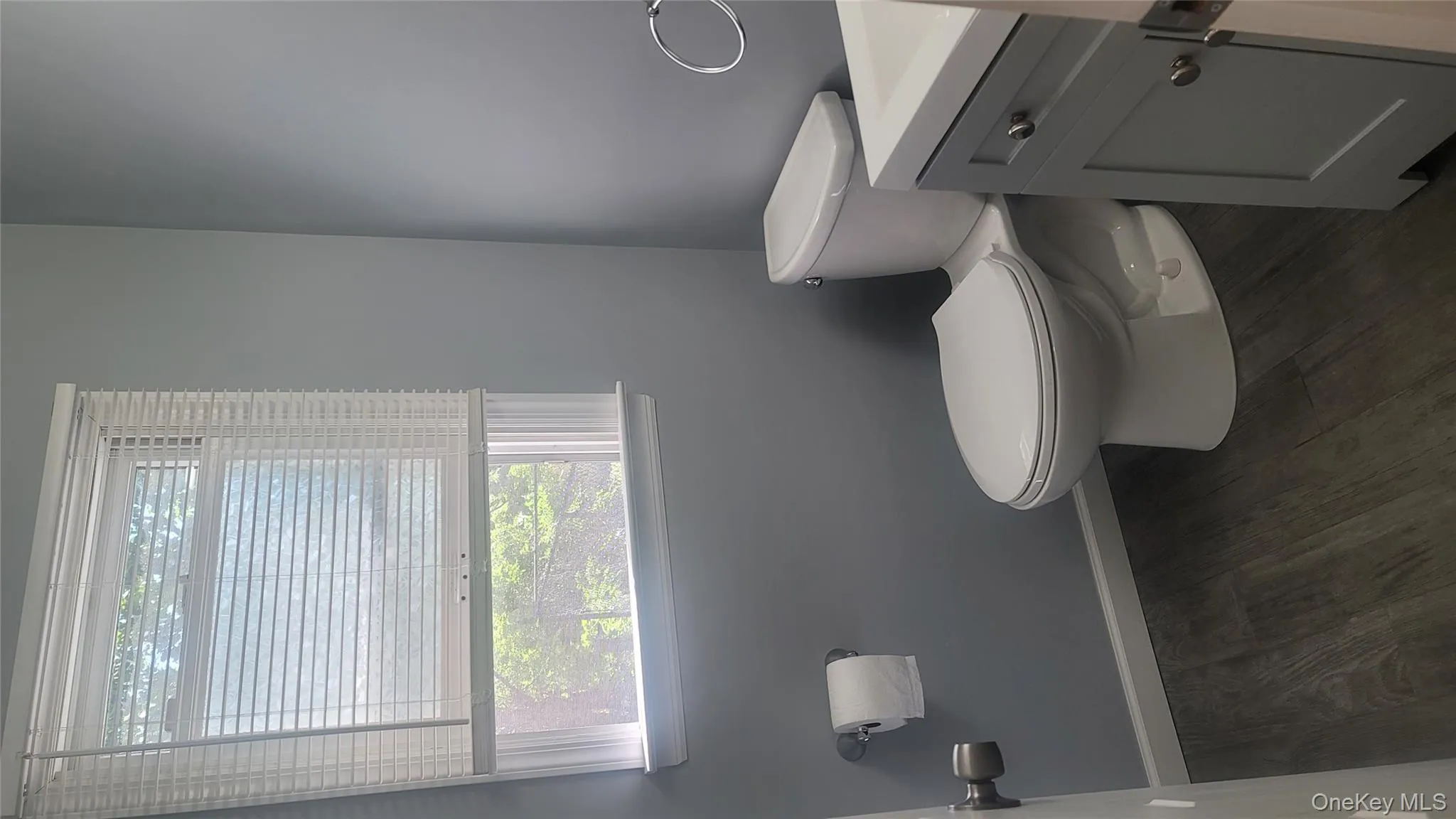 Bathroom featuring vanity and dark wood-style floors Bathroom featuring vanity and dark wood-style floors
