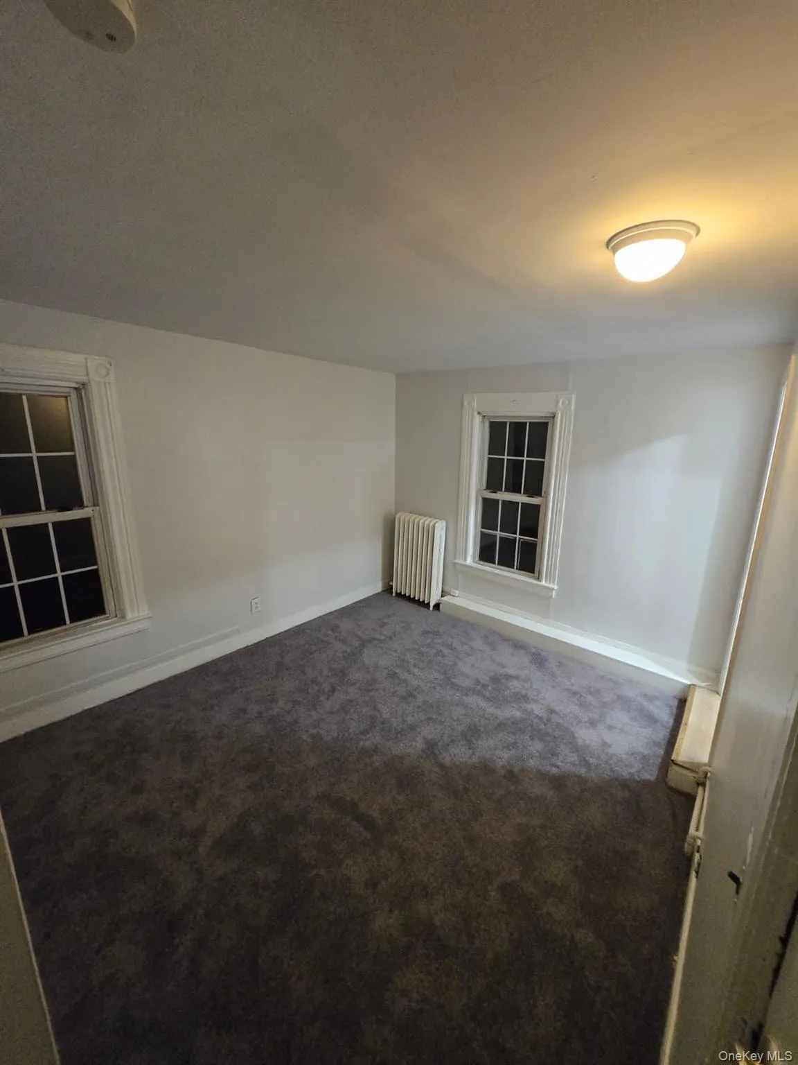 Carpeted spare room with radiator heating unit and a smoke detector Carpeted spare room with radiator heating unit and a smoke detector