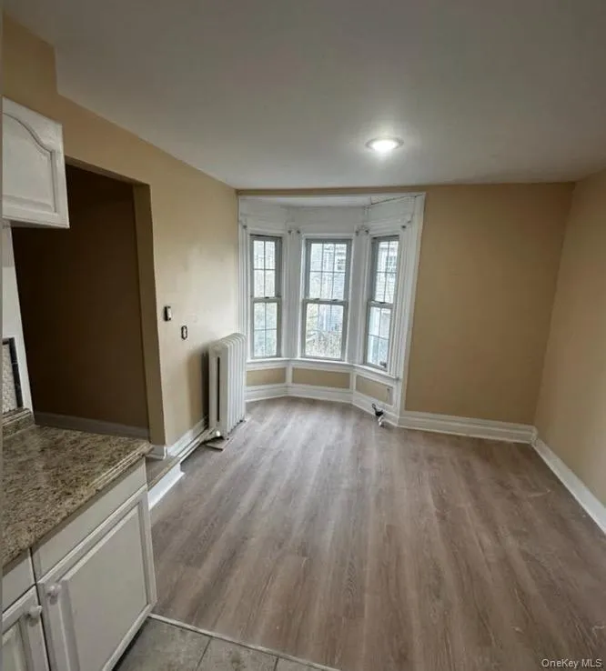 Unfurnished living room featuring radiator heating unit and light wood-type flooring Unfurnished living room featuring radiator heating unit and light wood-type flooring