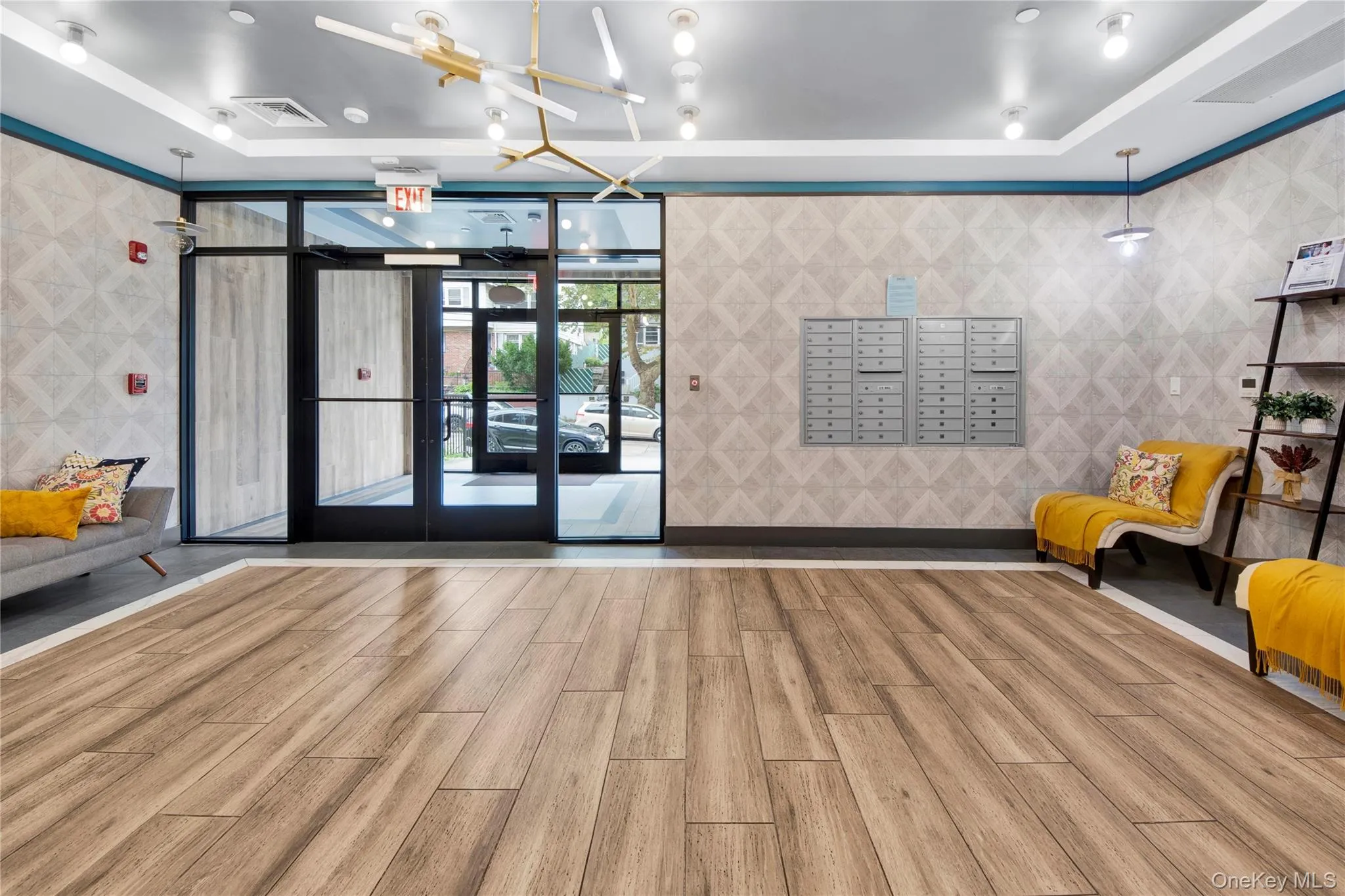 Community lobby with floor to ceiling windows Community lobby with floor to ceiling windows