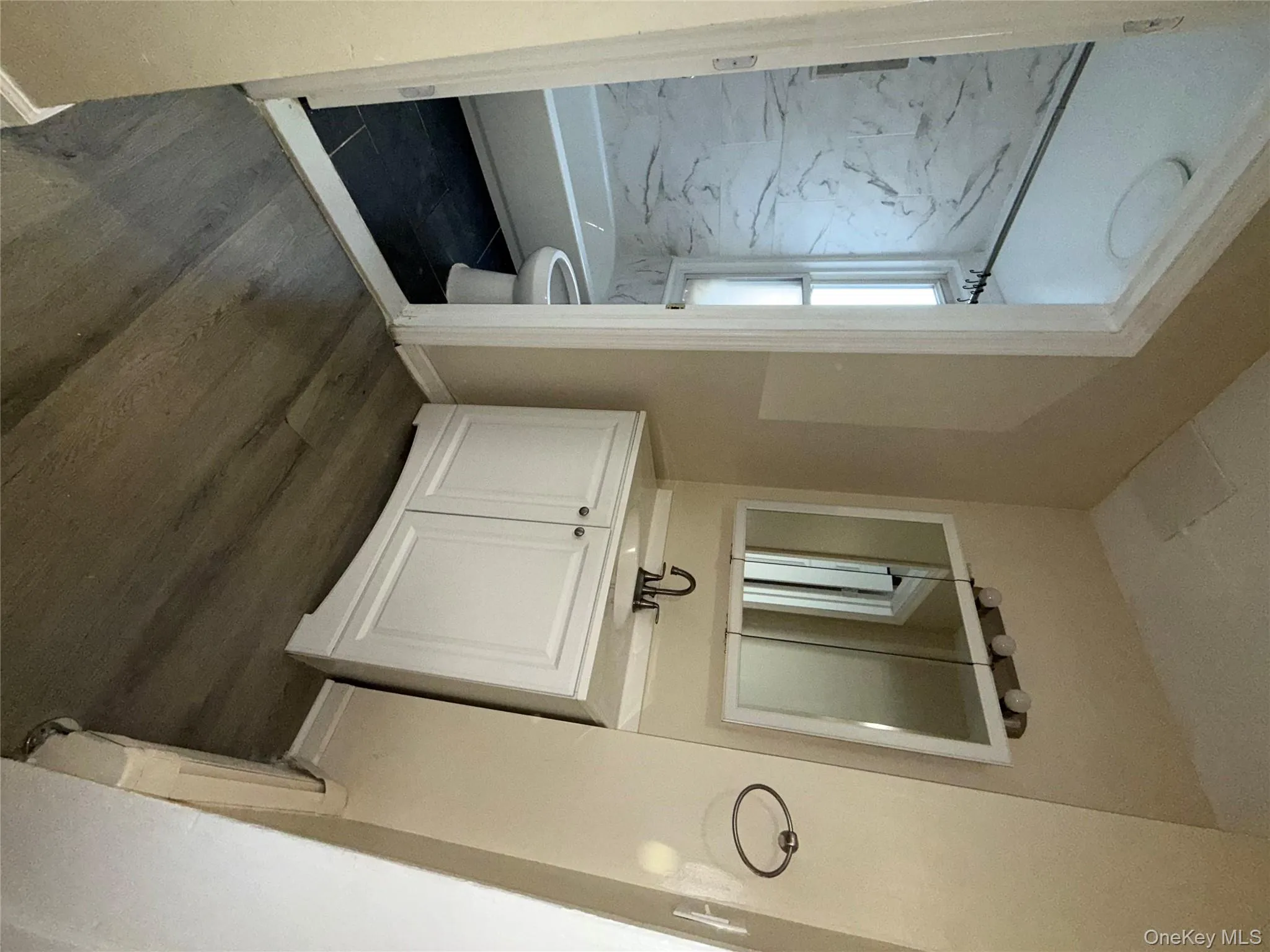 Bathroom featuring vanity, shower / washtub combination, and dark wood-style flooring Bathroom featuring vanity, shower / washtub combination, and dark wood-style flooring