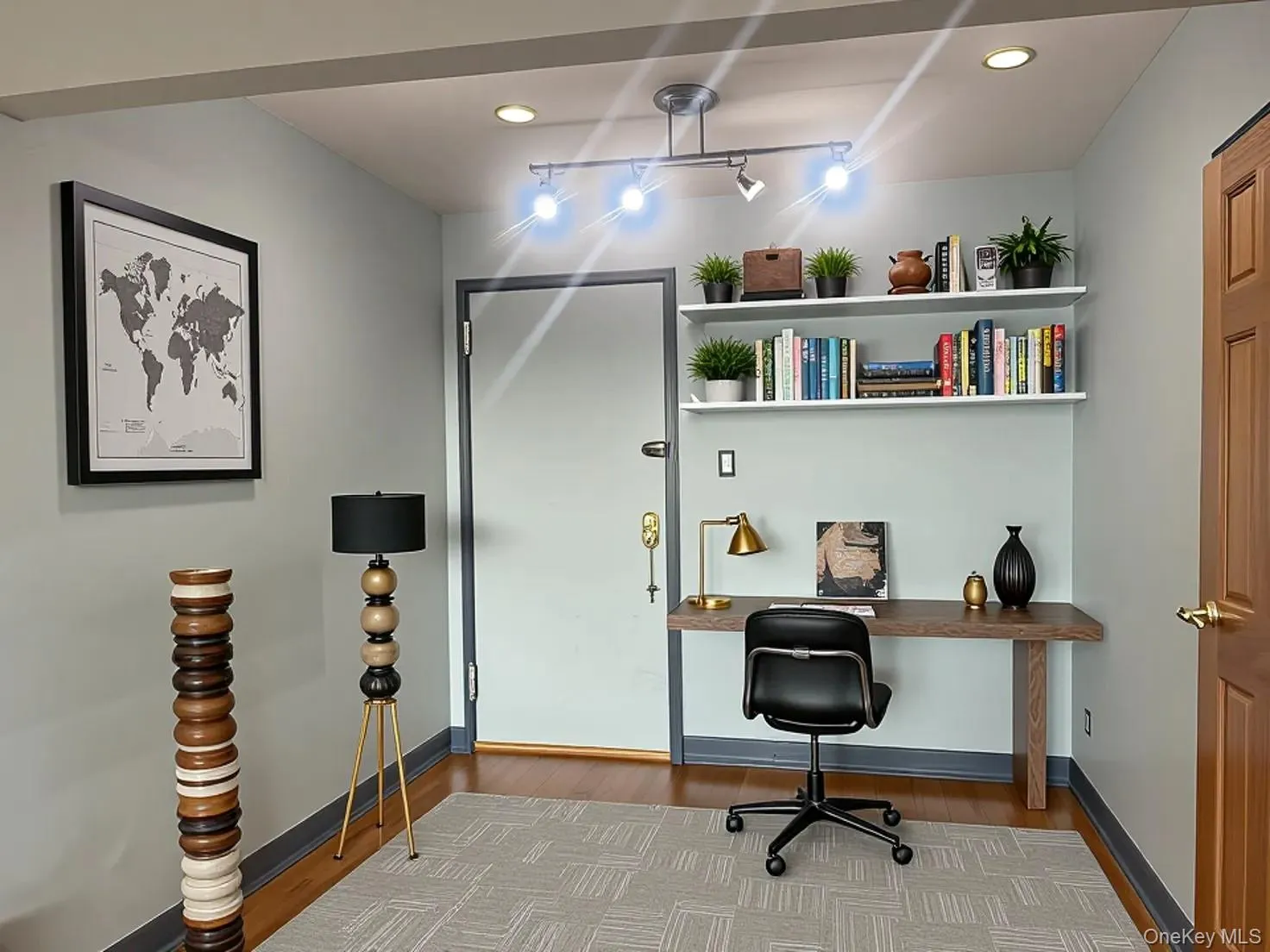 Home office featuring light wood-style flooring and recessed lighting Home office featuring light wood-style flooring and recessed lighting