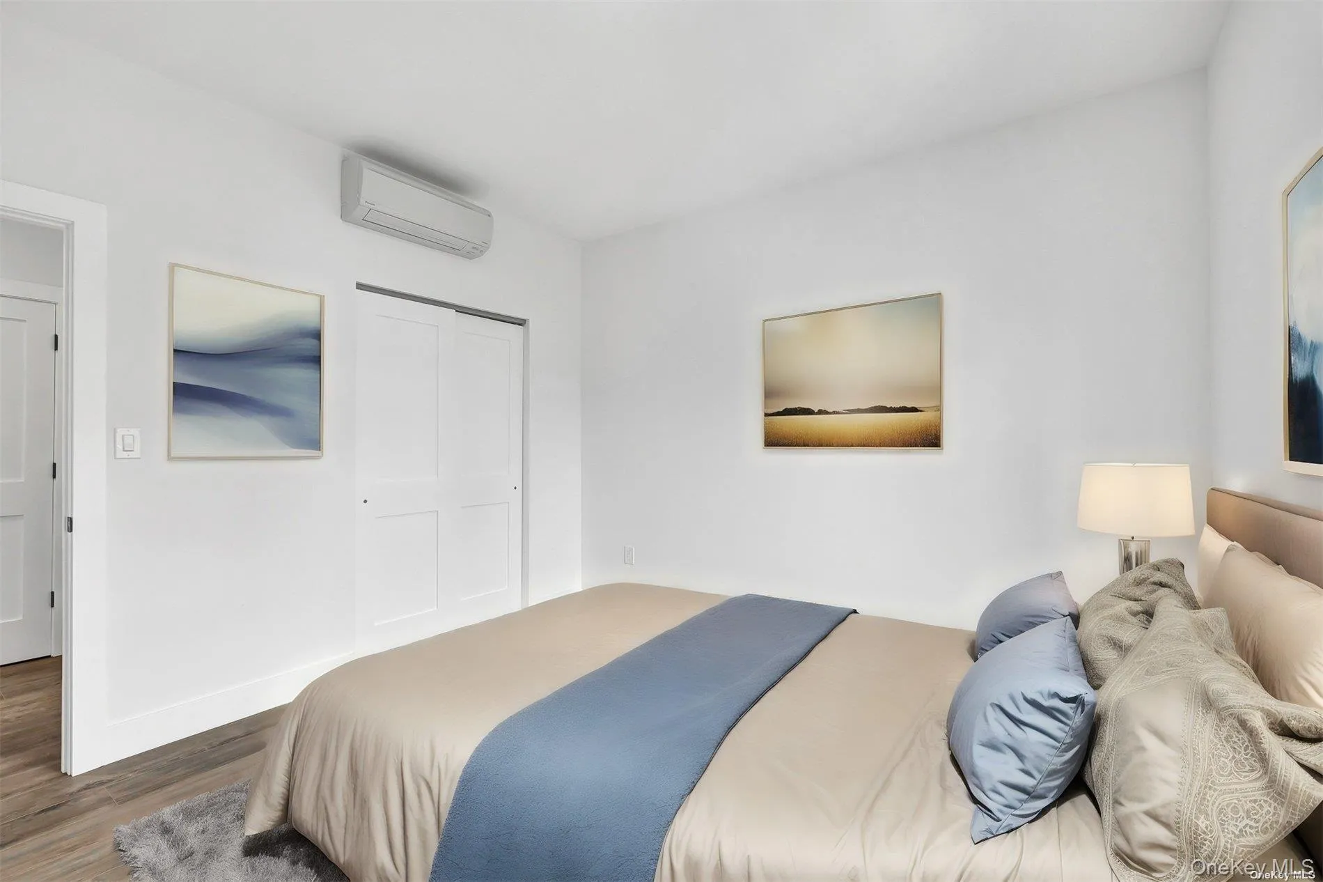 Bedroom featuring wood finished floors, an AC wall unit, and a closet Bedroom featuring wood finished floors, an AC wall unit, and a closet