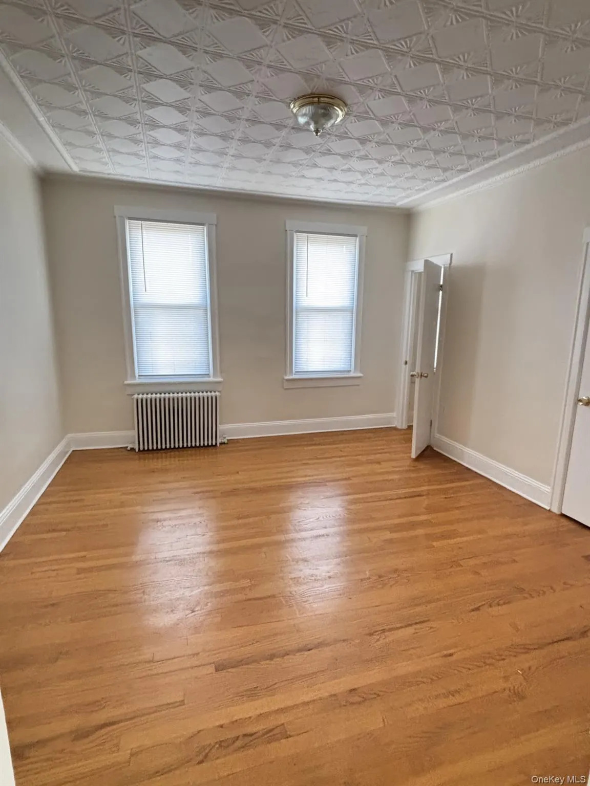 Unfurnished room with an ornate ceiling, light wood-type flooring, radiator heating unit, and crown molding Unfurnished room with an ornate ceiling, light wood-type flooring, radiator heating unit, and crown molding