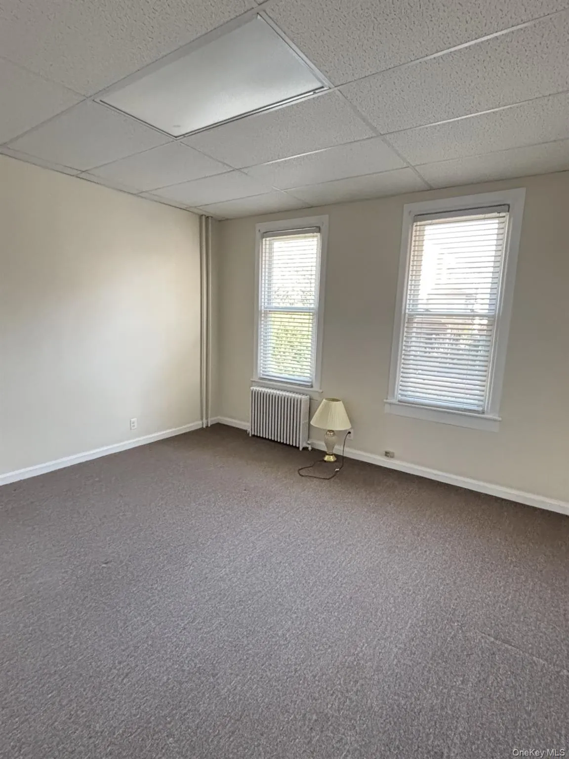 Carpeted empty room with a paneled ceiling and radiator Carpeted empty room with a paneled ceiling and radiator