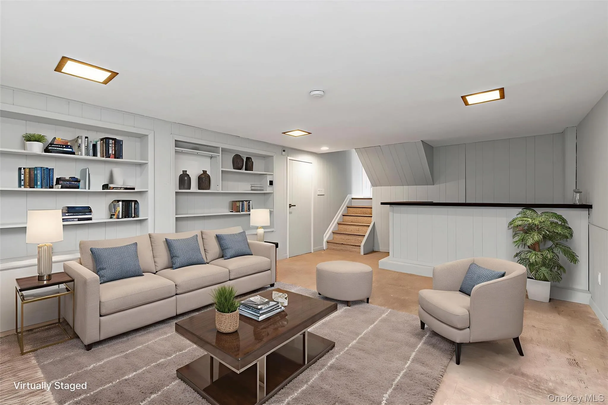 Den with built-ins and bar Den with built-ins and bar