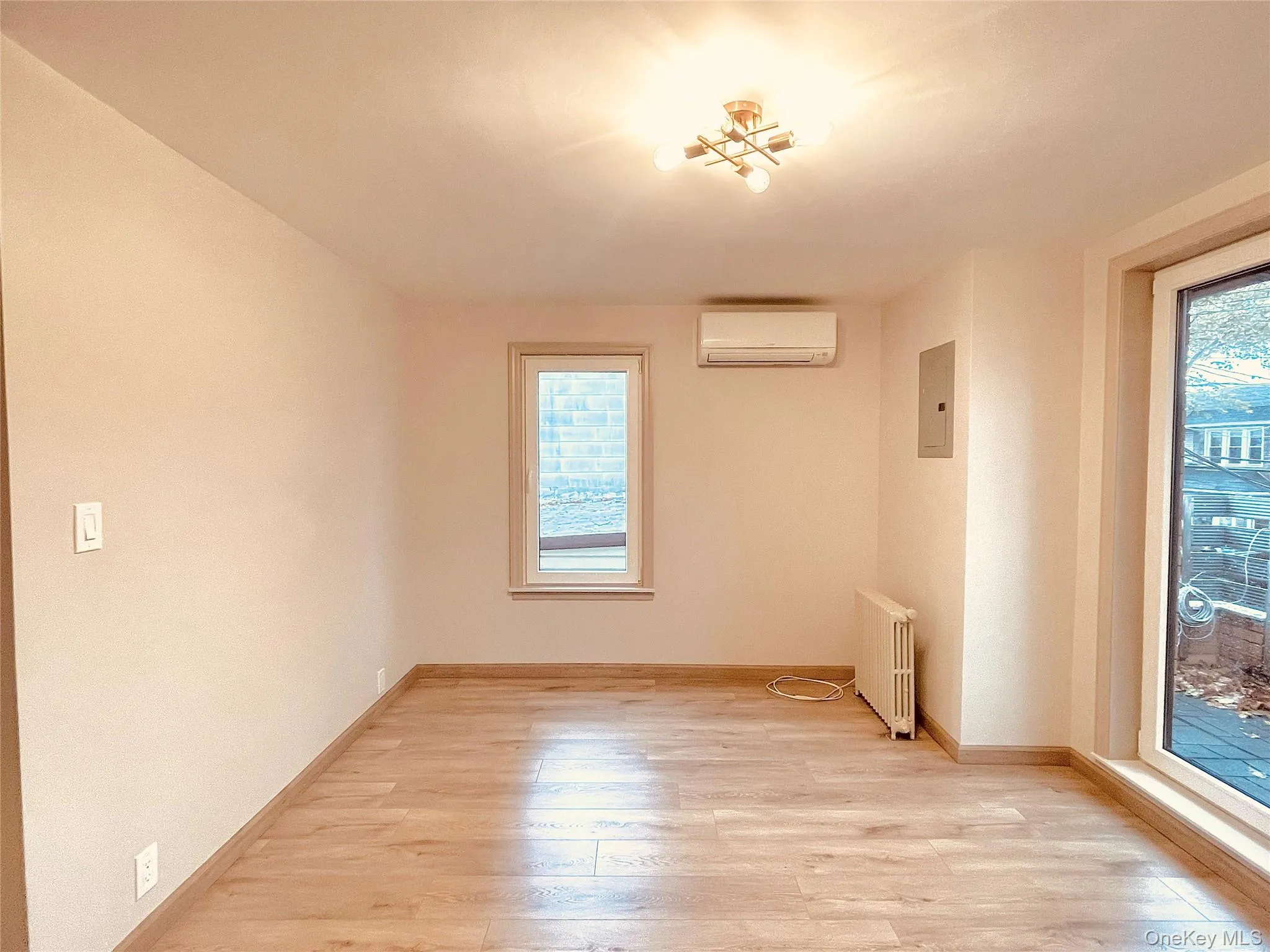 Unfurnished room featuring light wood-style floors, radiator, electric panel, and a wall mounted air conditioner Unfurnished room featuring light wood-style floors, radiator, electric panel, and a wall mounted air conditioner