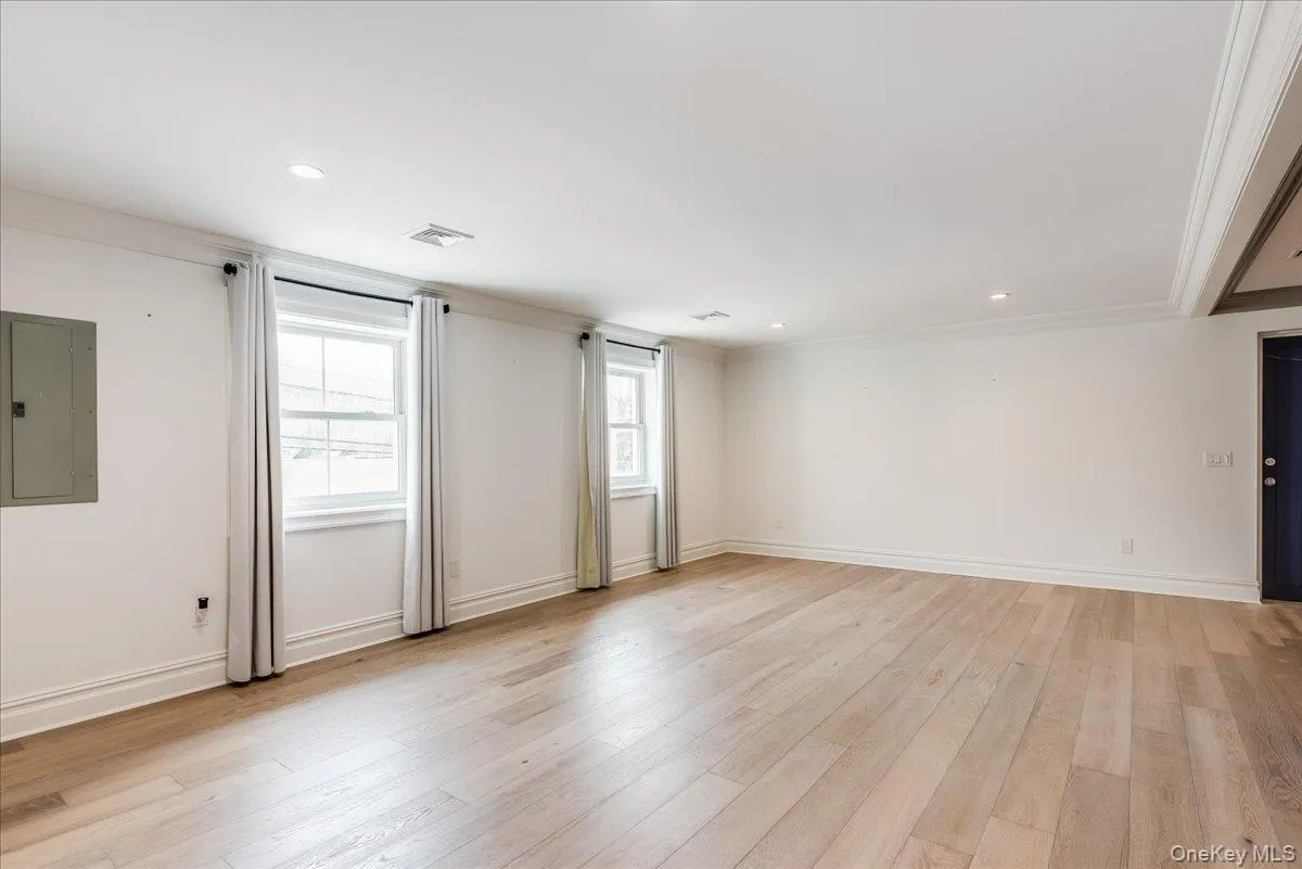 Spare room featuring electric panel, light wood-type flooring, recessed lighting, and ornamental molding Spare room featuring electric panel, light wood-type flooring, recessed lighting, and ornamental molding