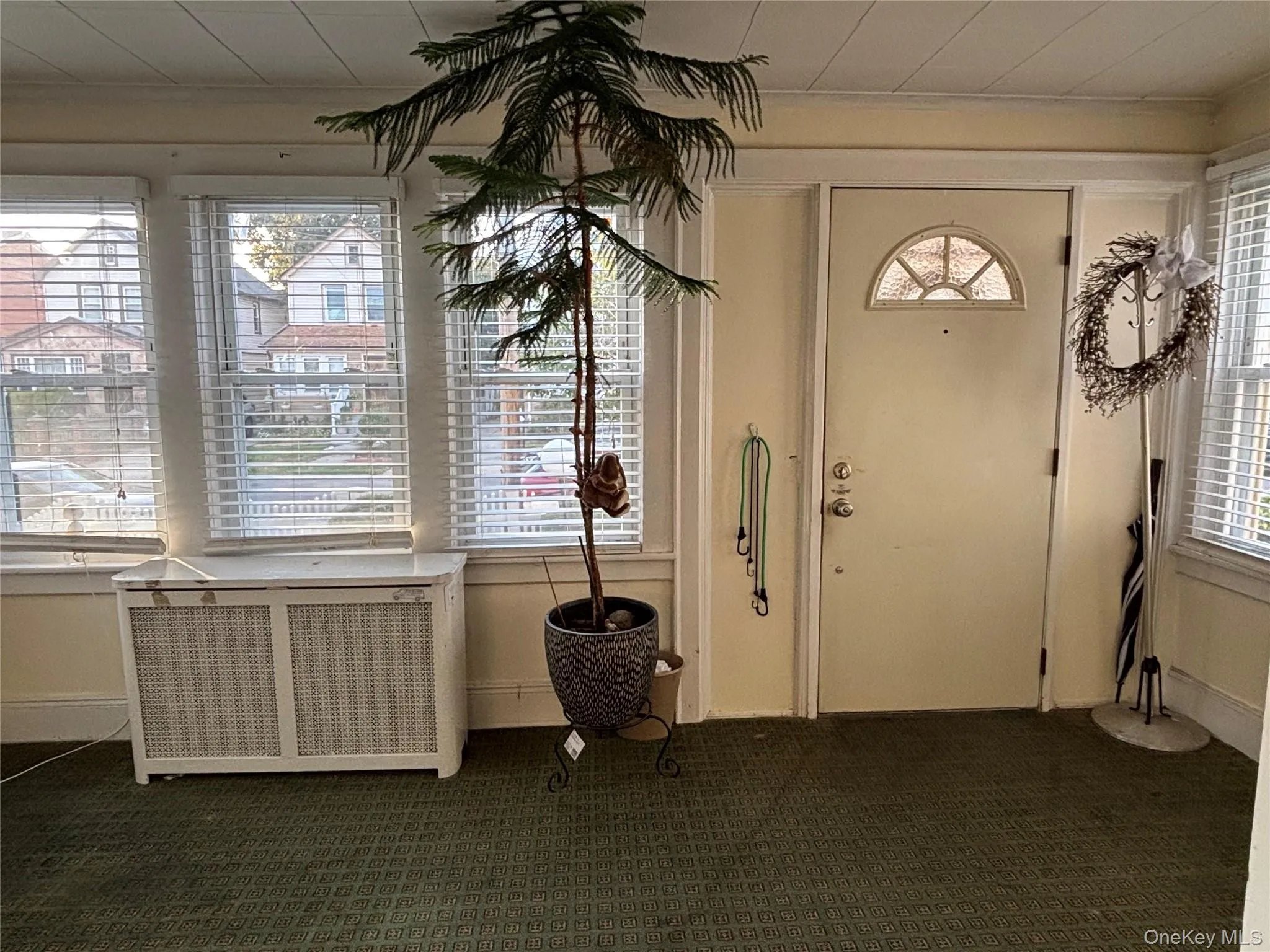 Foyer entrance with healthy amount of natural light, dark carpet, and radiator Foyer entrance with healthy amount of natural light, dark carpet, and radiator