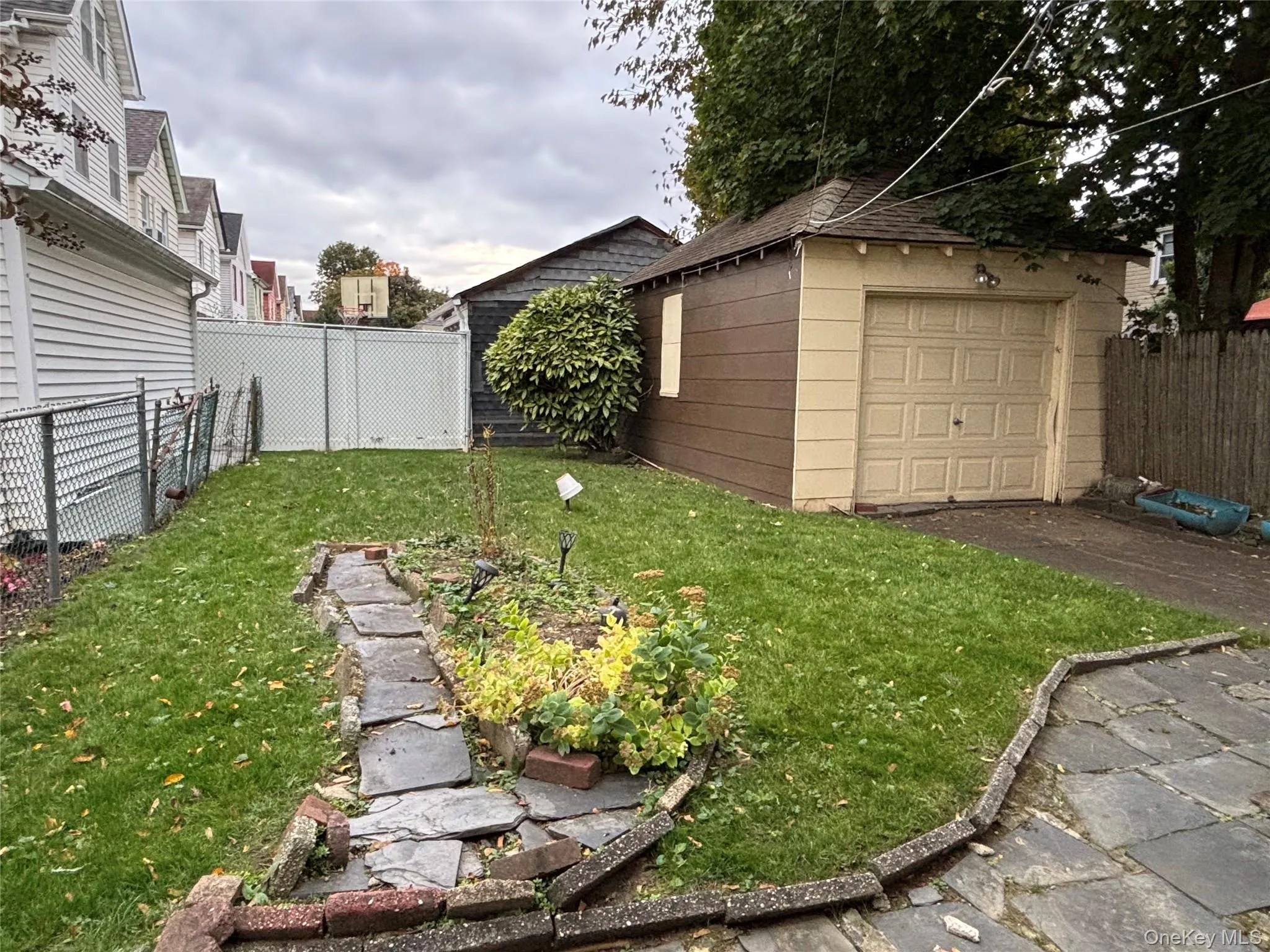 Fenced backyard with an outdoor structure Fenced backyard with an outdoor structure