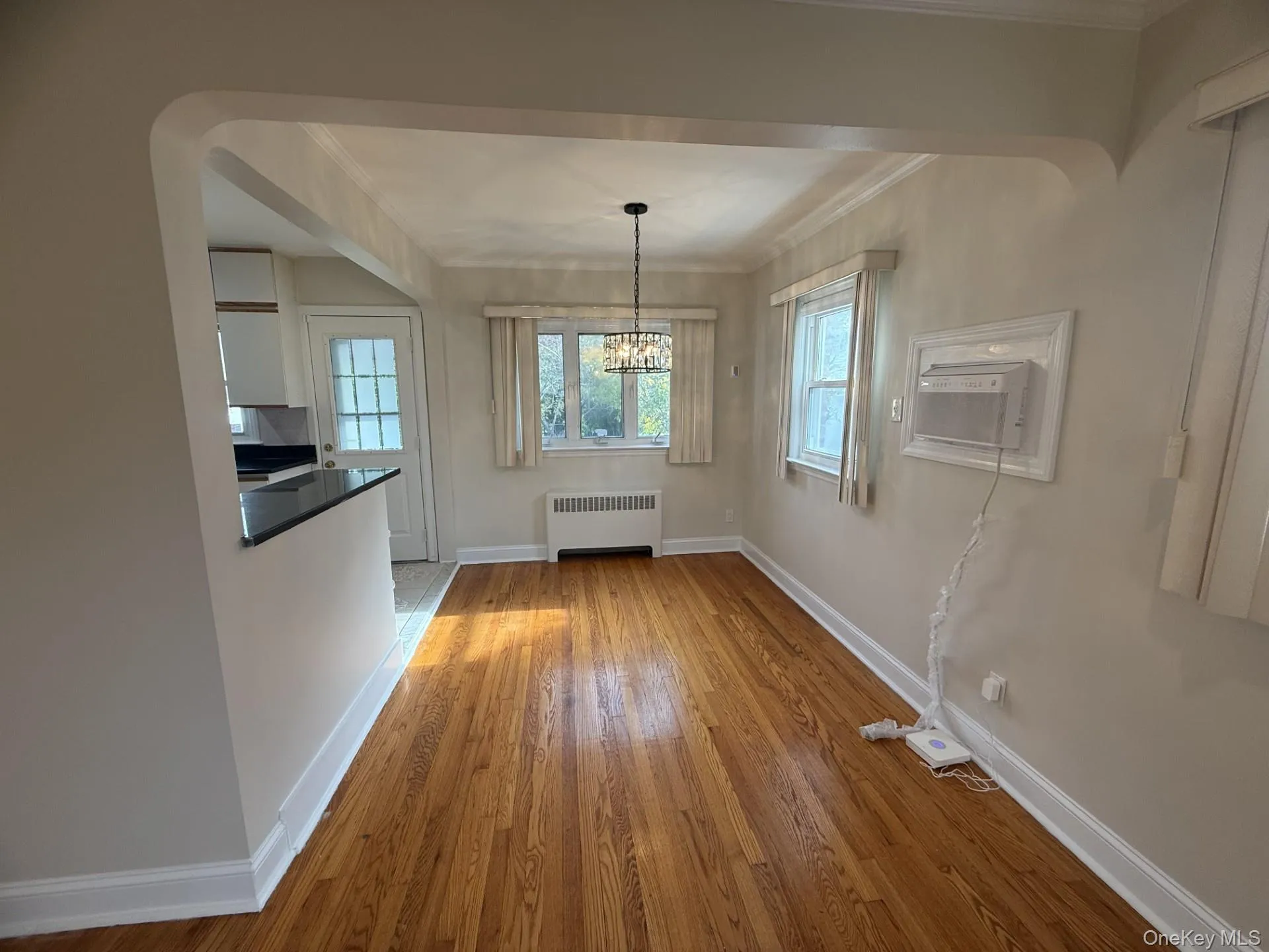 Unfurnished dining area with light wood-style floors, ornamental molding, radiator, a wall mounted AC, and a chandelier Unfurnished dining area with light wood-style floors, ornamental molding, radiator, a wall mounted AC, and a chandelier