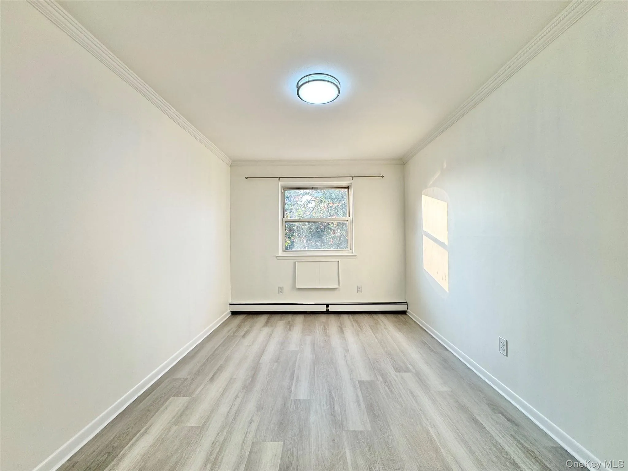 Spare room with light wood-style floors, ornamental molding, and a baseboard radiator Spare room with light wood-style floors, ornamental molding, and a baseboard radiator