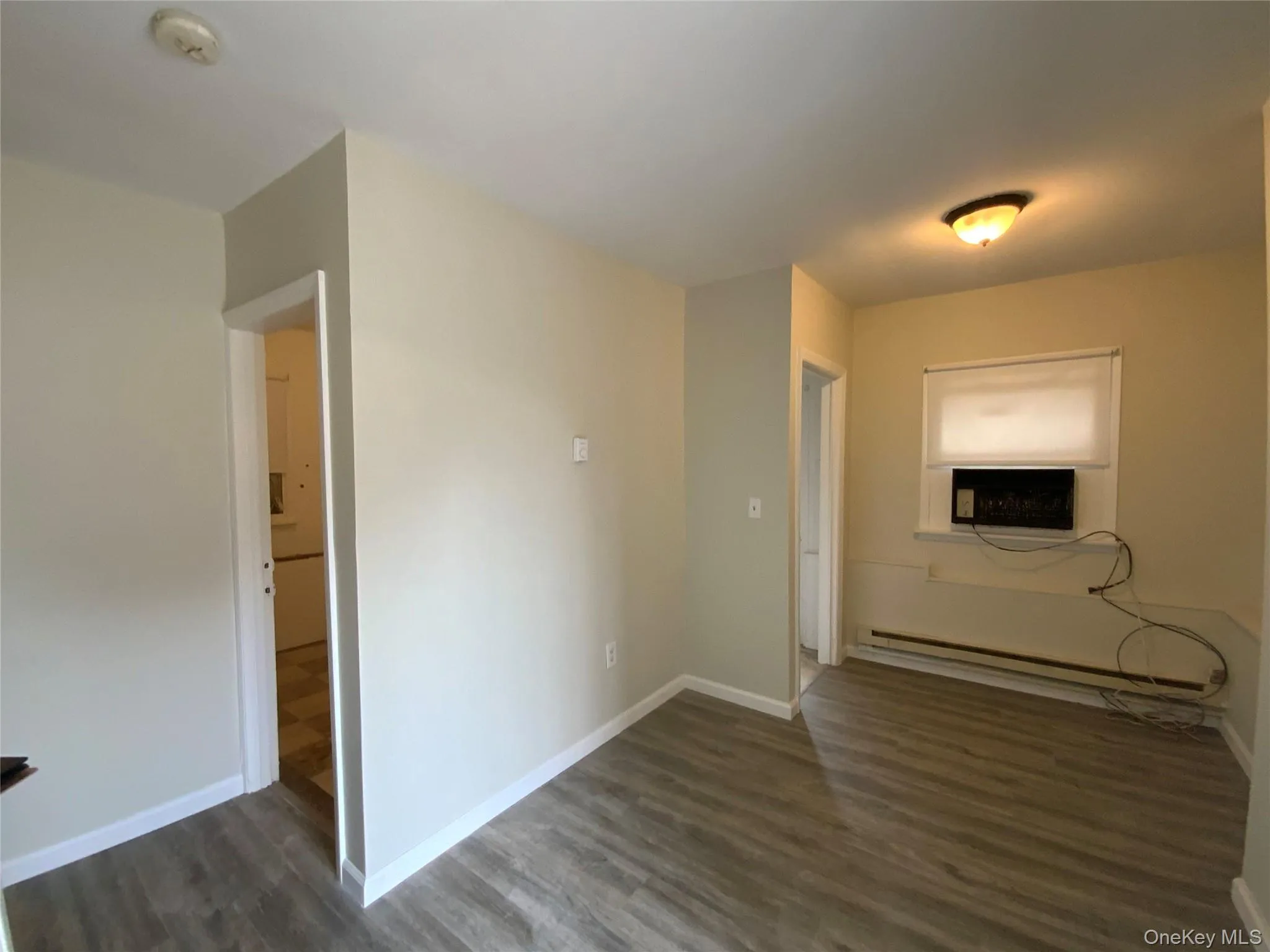 Hallway featuring dark wood-type flooring and baseboard heating Hallway featuring dark wood-type flooring and baseboard heating
