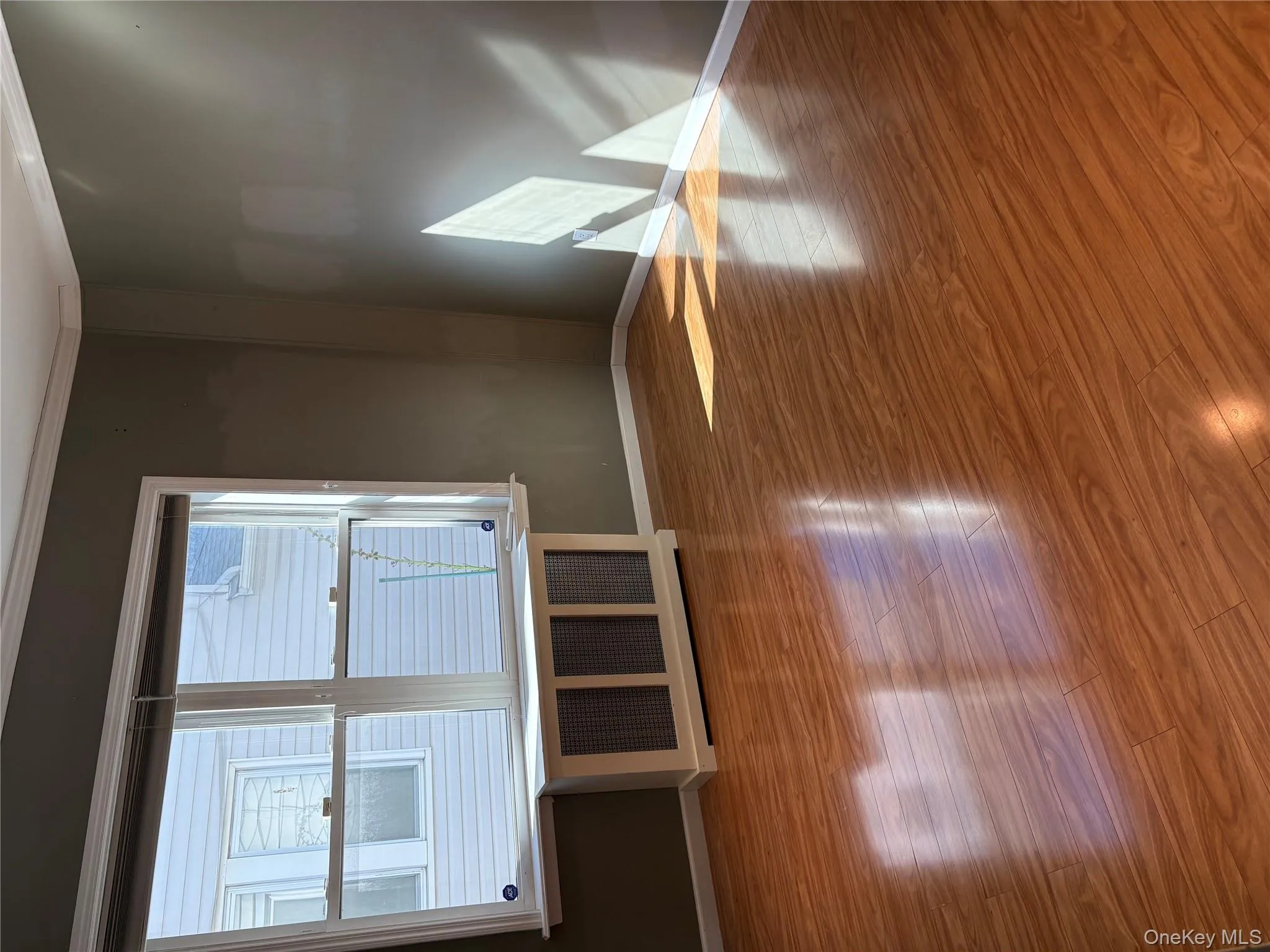 Unfurnished room featuring radiator heating unit, crown molding, and light wood-style flooring Unfurnished room featuring radiator heating unit, crown molding, and light wood-style flooring