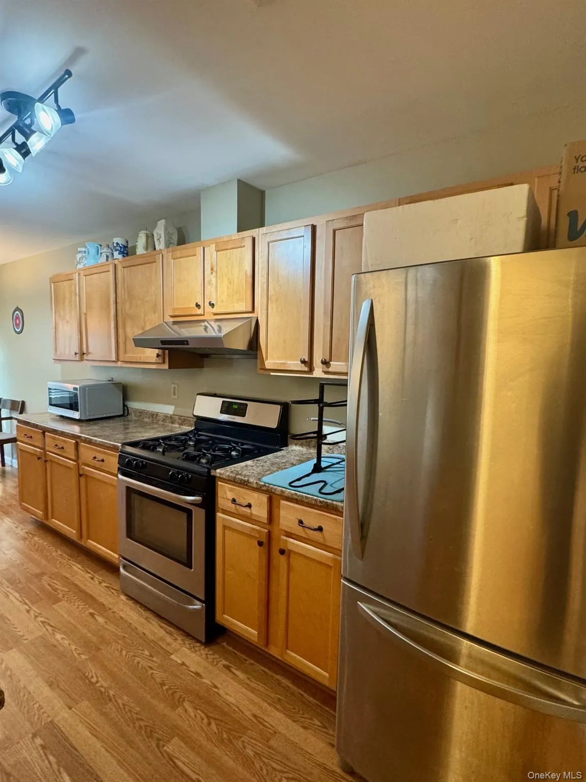 Kitchen with appliances with stainless steel finishes, light wood-style floors, under cabinet range hood, and dark stone counters Kitchen with appliances with stainless steel finishes, light wood-style floors, under cabinet range hood, and dark stone counters