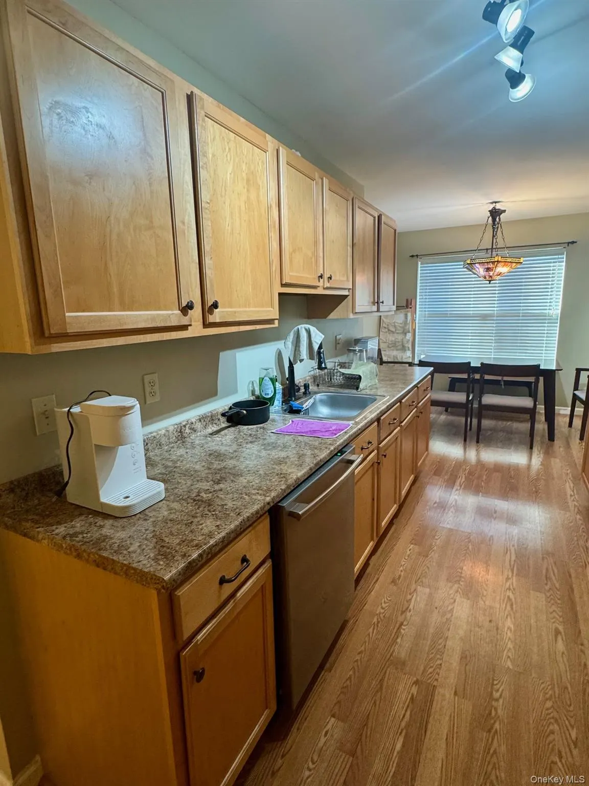 Kitchen featuring light wood finished floors, stainless steel dishwasher, and decorative light fixtures Kitchen featuring light wood finished floors, stainless steel dishwasher, and decorative light fixtures
