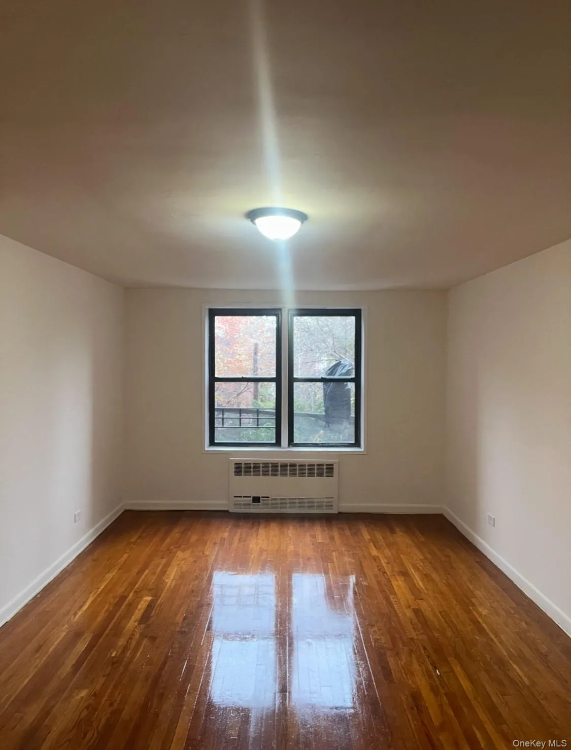 Empty room with radiator and dark wood finished floors Empty room with radiator and dark wood finished floors