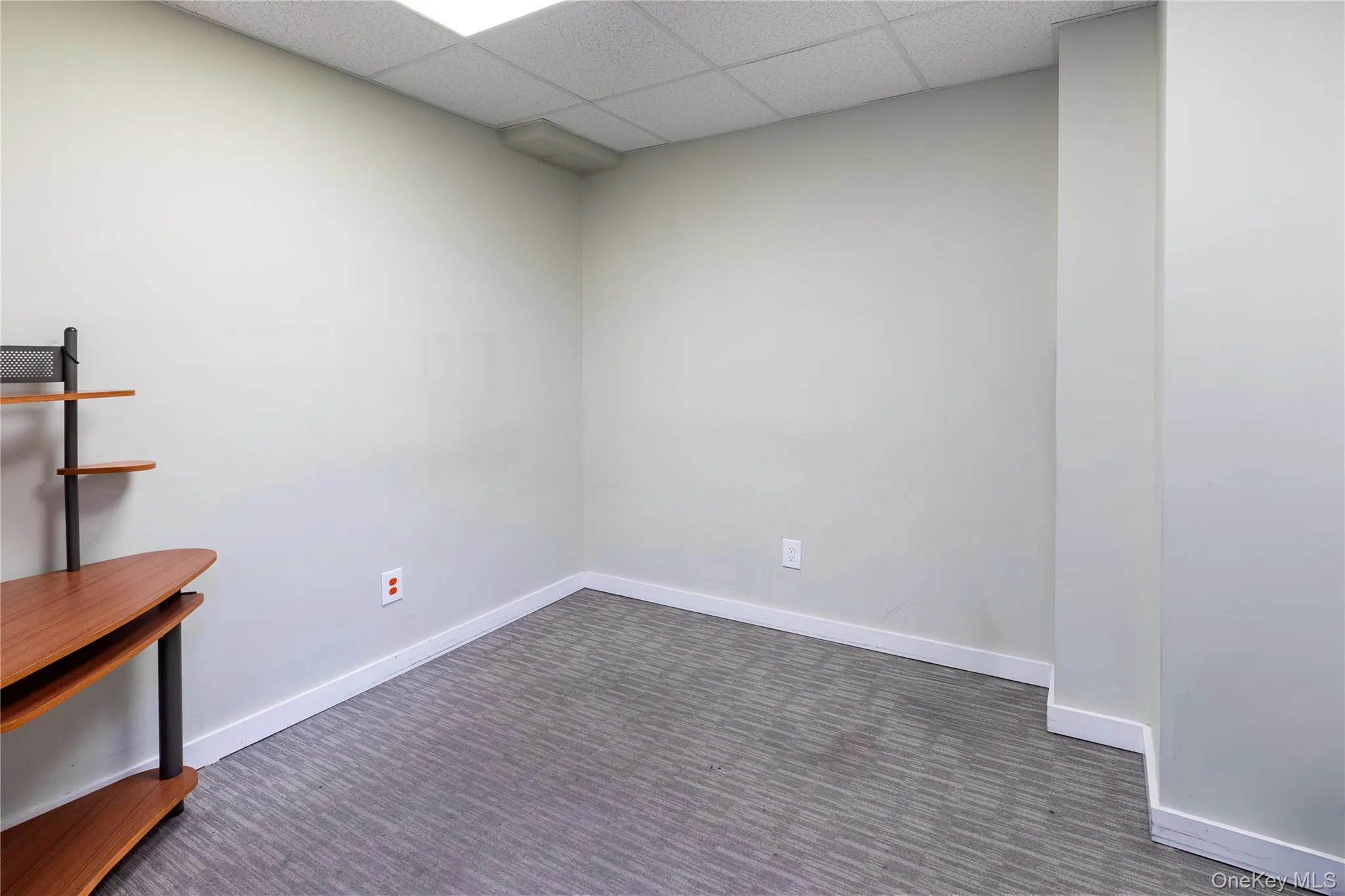 Spare room featuring dark colored carpet and a paneled ceiling Spare room featuring dark colored carpet and a paneled ceiling