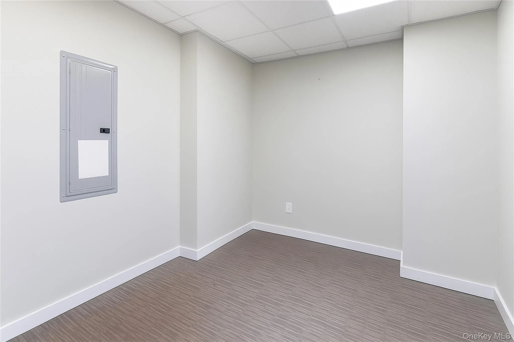 Spare room with electric panel, a drop ceiling, and dark wood-style floors Spare room with electric panel, a drop ceiling, and dark wood-style floors