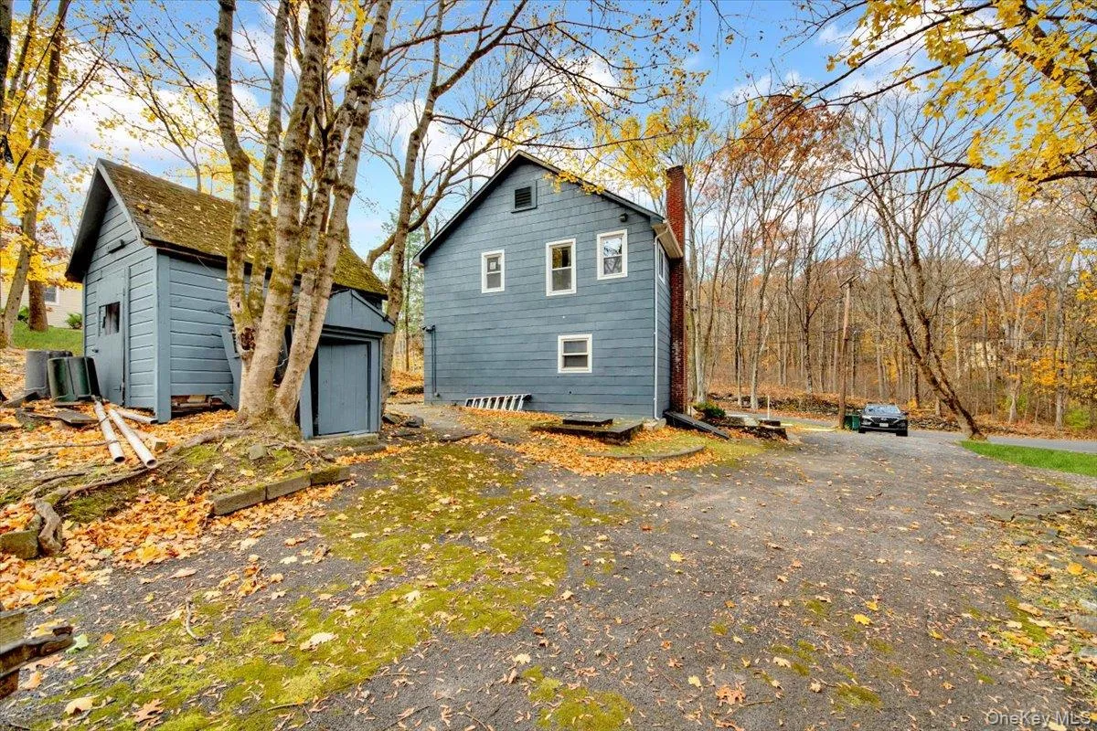 Rear view of house with a chimney and a storage shed Rear view of house with a chimney and a storage shed