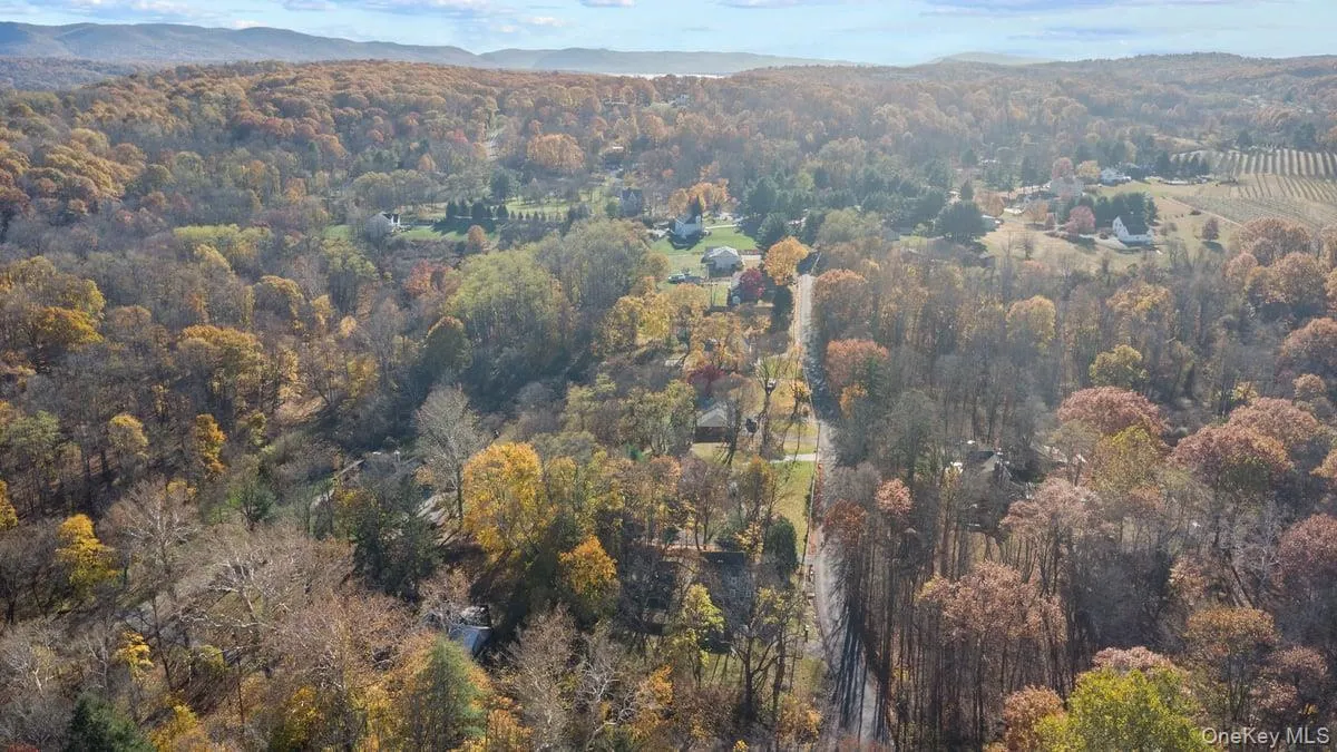 Aerial overview of property's location with a heavily wooded area and a mountainous background Aerial overview of property's location with a heavily wooded area and a mountainous background