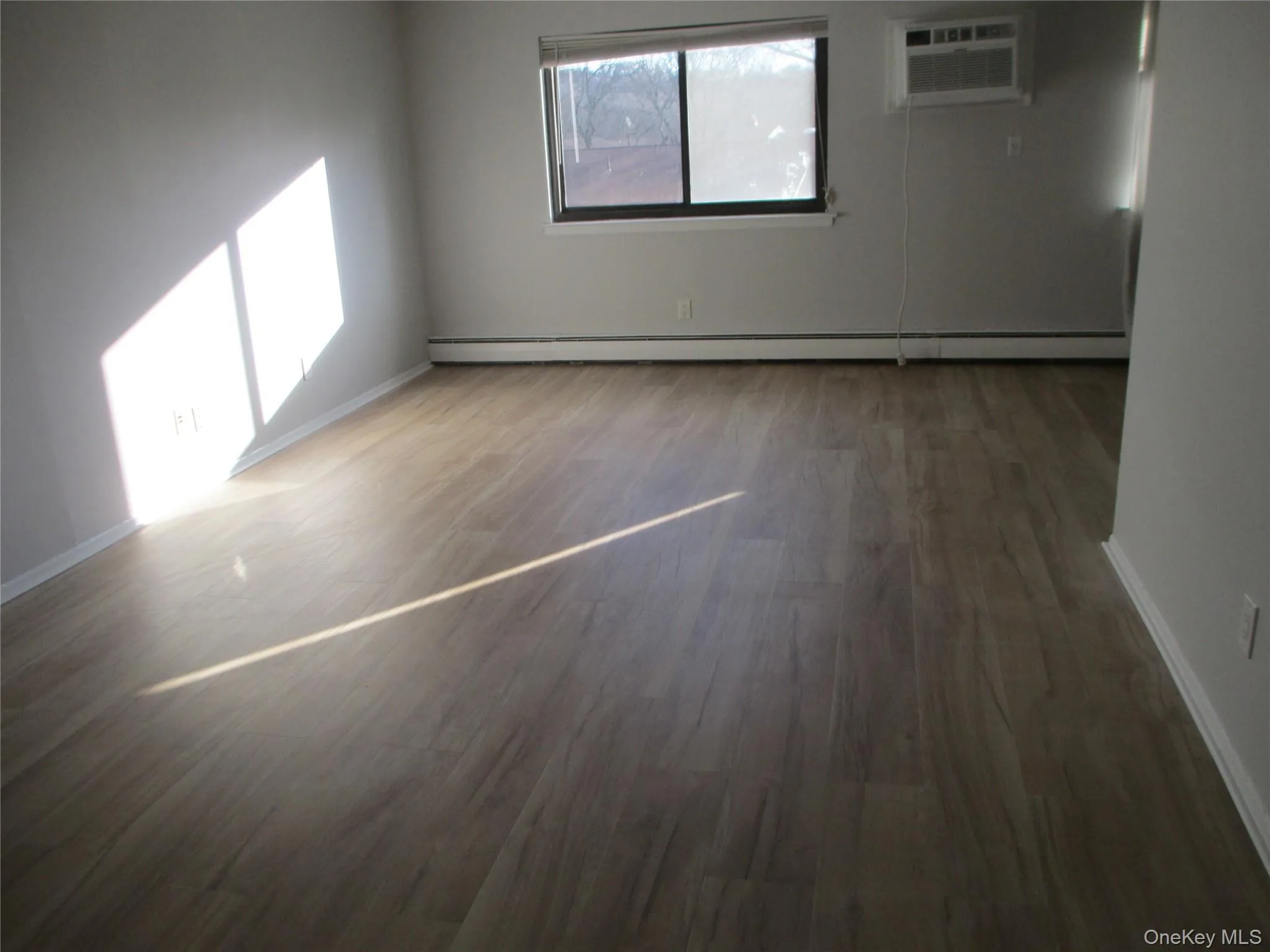 Unfurnished room with wood finished floors, a wall mounted AC, and a baseboard radiator Unfurnished room with wood finished floors, a wall mounted AC, and a baseboard radiator
