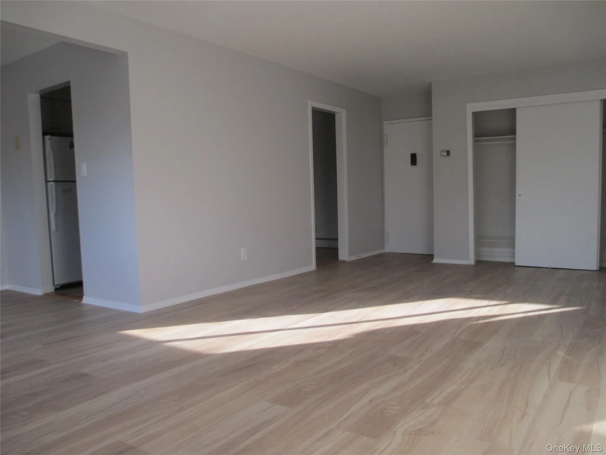 Unfurnished bedroom featuring light wood-style floors, freestanding refrigerator, and a closet Unfurnished bedroom featuring light wood-style floors, freestanding refrigerator, and a closet