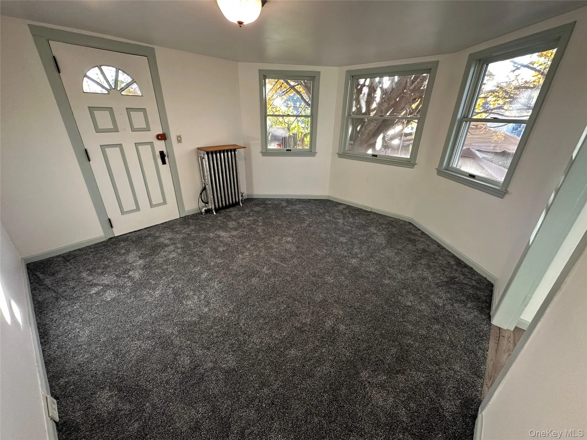 Carpeted living room with radiator and baseboards Carpeted living room with radiator and baseboards