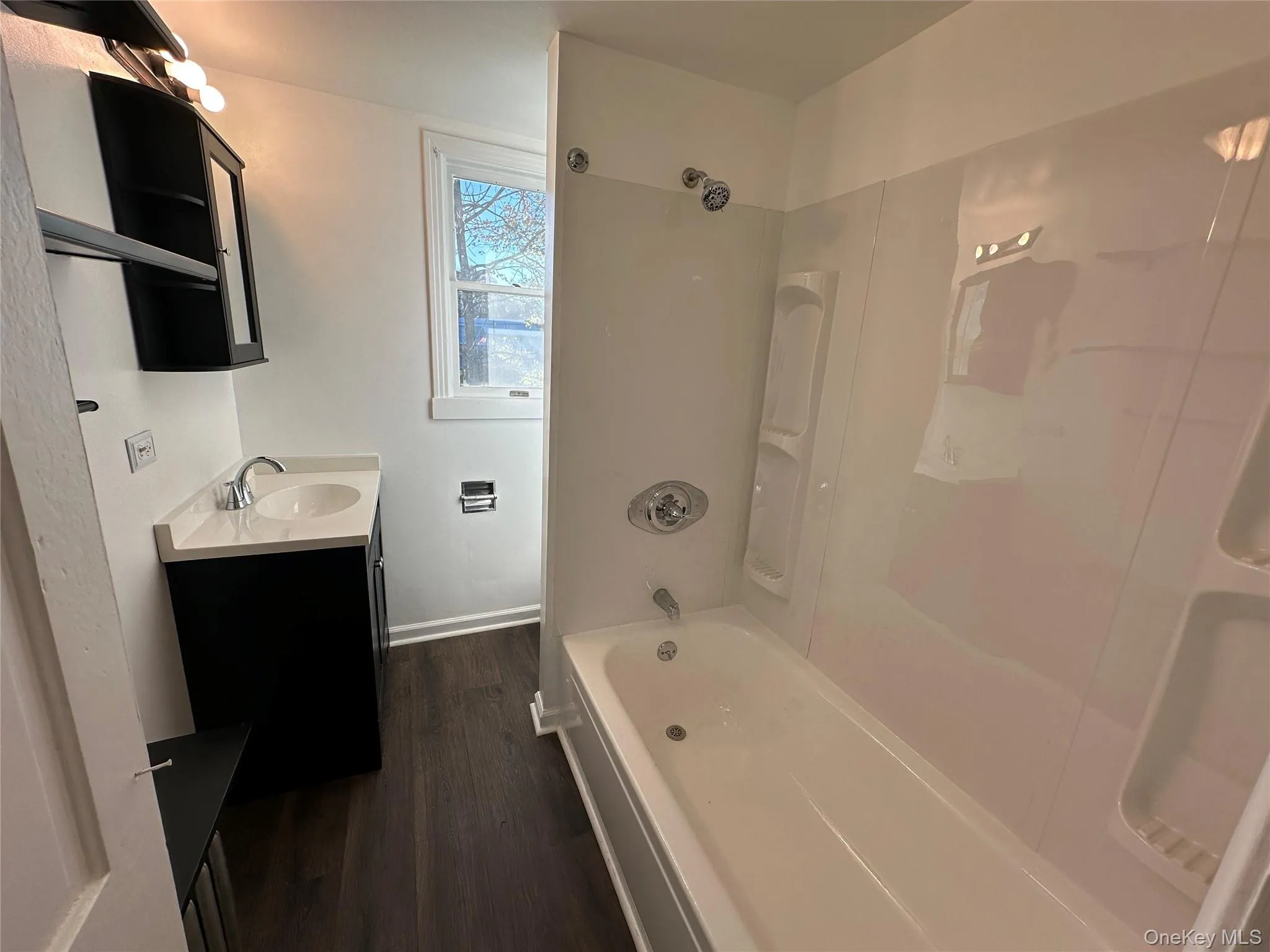 Bathroom featuring vanity, dark wood-style flooring, and bathtub / shower combination Bathroom featuring vanity, dark wood-style flooring, and bathtub / shower combination