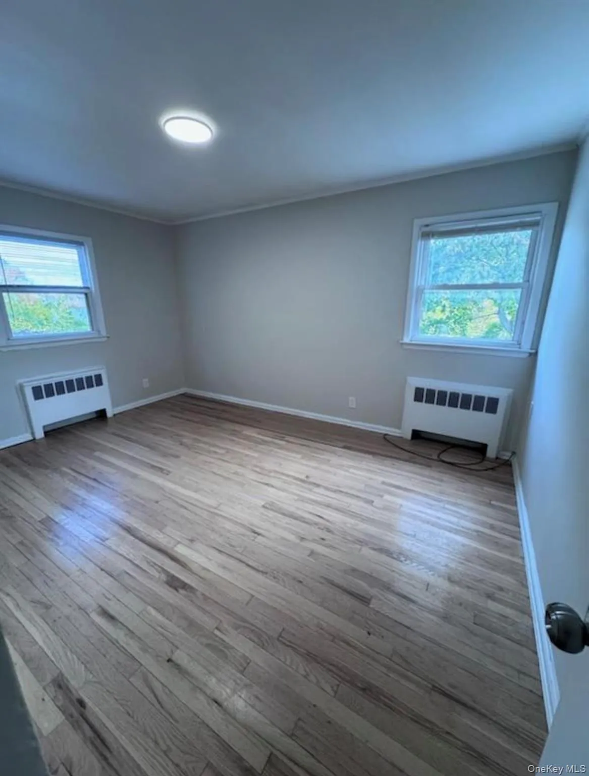 Empty room with radiator heating unit, light wood finished floors, and crown molding Empty room with radiator heating unit, light wood finished floors, and crown molding