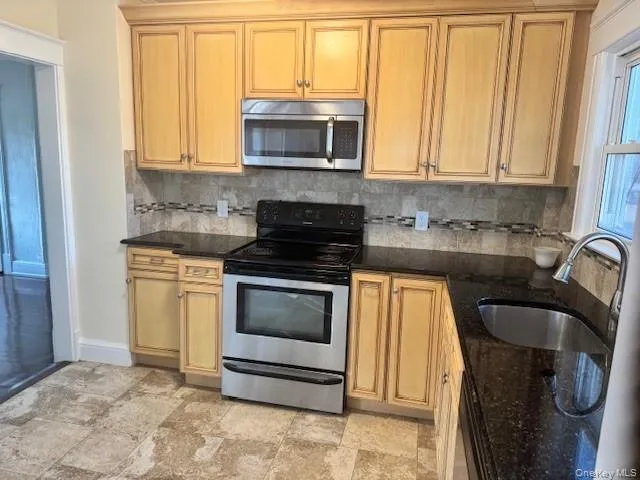 Kitchen with appliances with stainless steel finishes, dark stone counters, and tasteful backsplash Kitchen with appliances with stainless steel finishes, dark stone counters, and tasteful backsplash