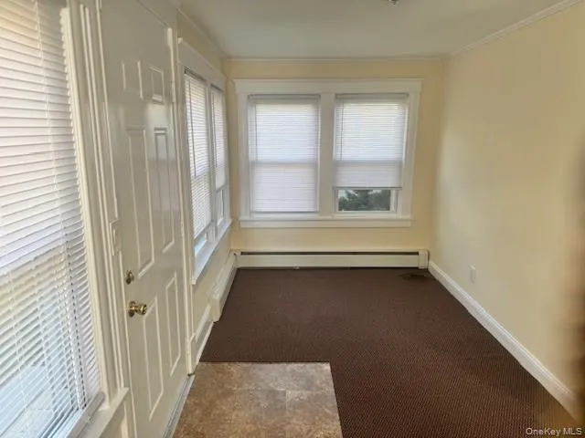 Empty room featuring plenty of natural light, dark carpet, ornamental molding, and baseboard heating Empty room featuring plenty of natural light, dark carpet, ornamental molding, and baseboard heating
