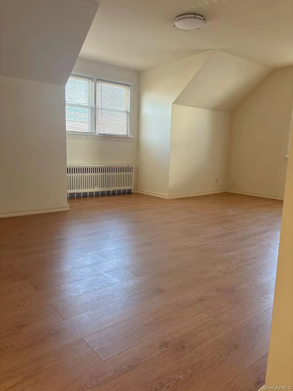 Additional living space featuring radiator heating unit, light wood-style floors, and lofted ceiling Additional living space featuring radiator heating unit, light wood-style floors, and lofted ceiling